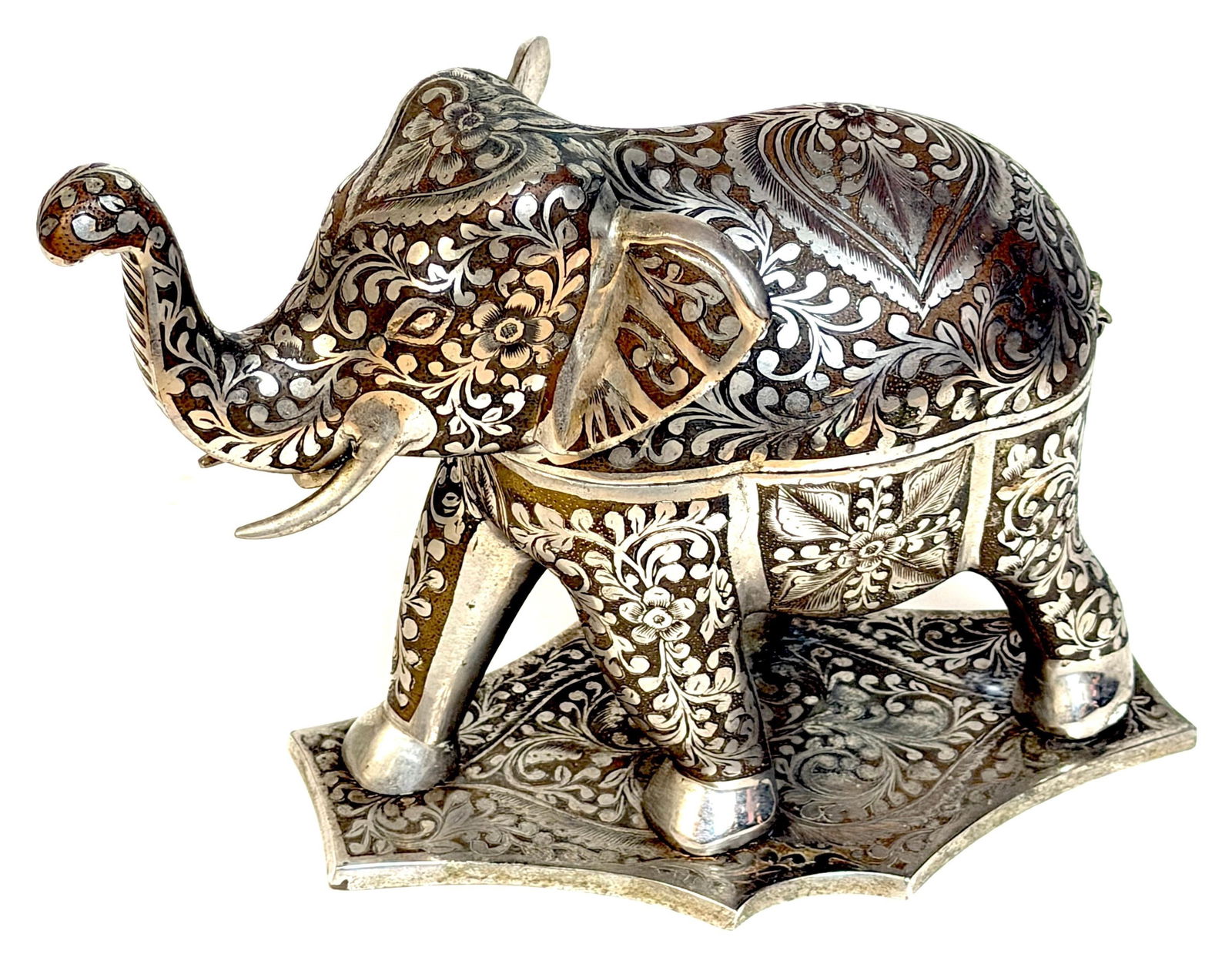 Indian Silvered & Enamel Engraved Bronze Elephant Automaton Swiss Music box - 2
