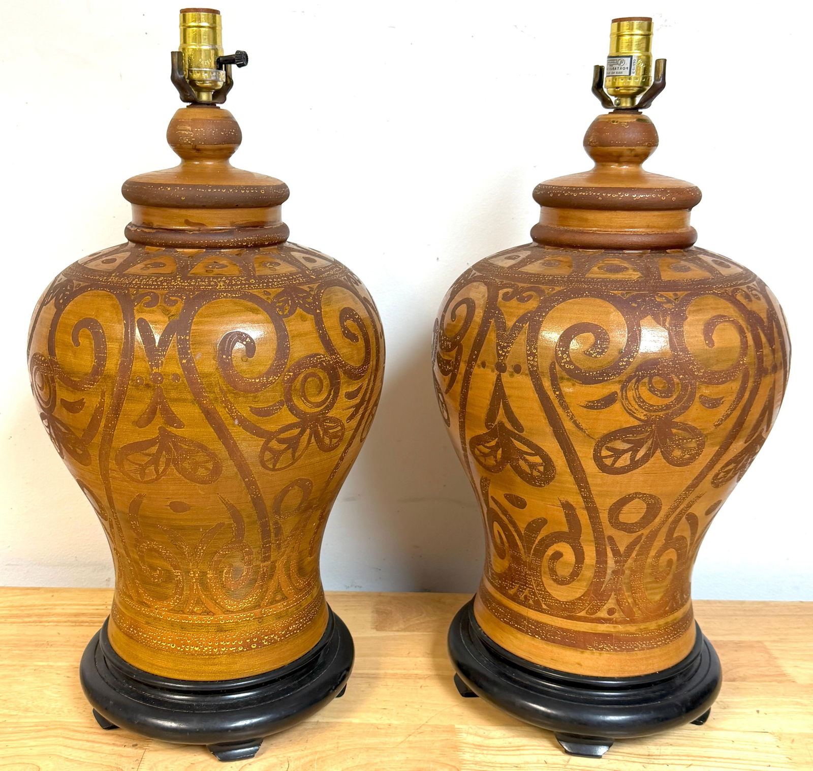 Pair Italian Mid-Century Slip-Decorated Sgraffito Pottery Lamps , C. 1960s - 2