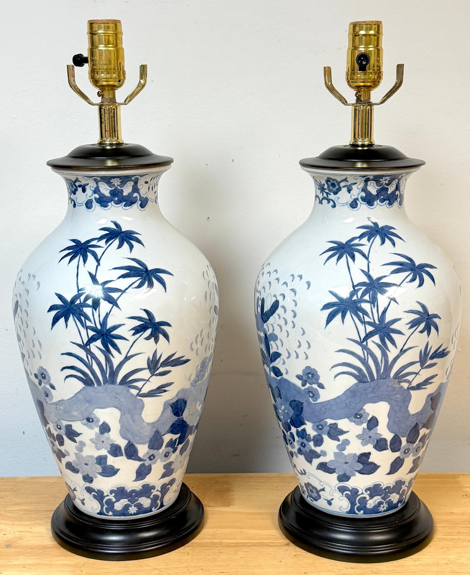 Pair Chinese Canton Style Blue and White Palm Tree Porcelain Vases, Now as Lamps - 2