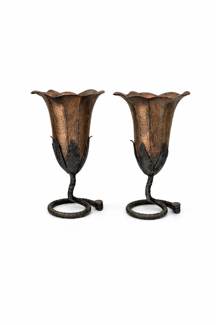 Large Pair French Modern Forged Copper & Iron Sculptural Flower Vases, C. 1960s - 2