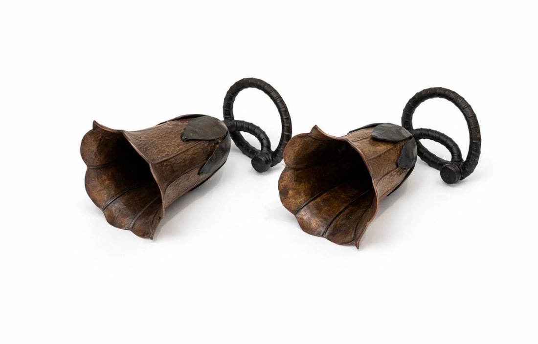 Large Pair French Modern Forged Copper & Iron Sculptural Flower Vases, C. 1960s - 7