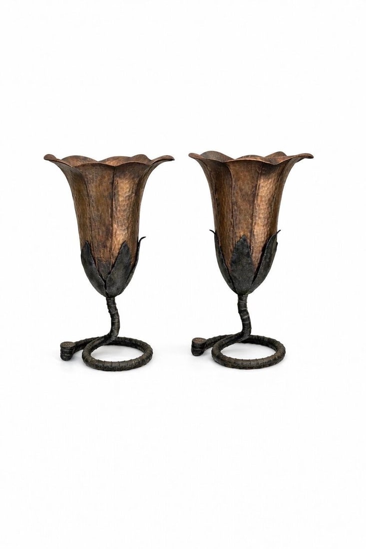 Large Pair French Modern Forged Copper & Iron Sculptural Flower Vases, C. 1960s - 9