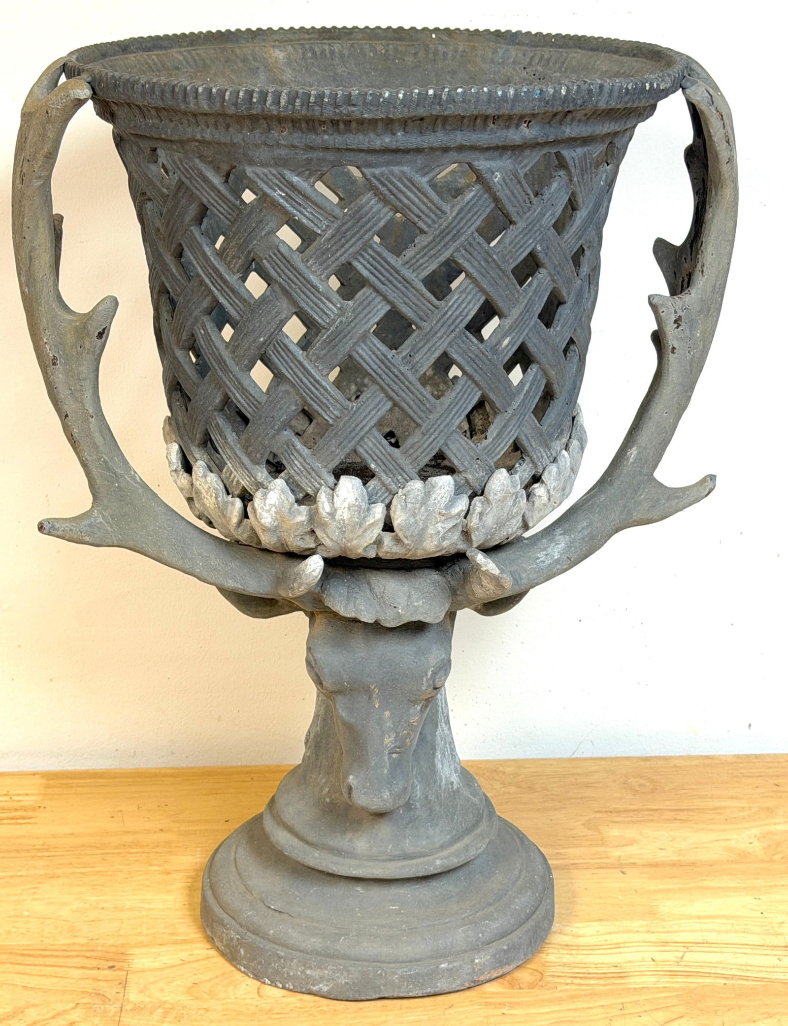Monumental J.W. Fiske–Attributed Polychromed Lead Stag-Head Reticulated Urn - 10