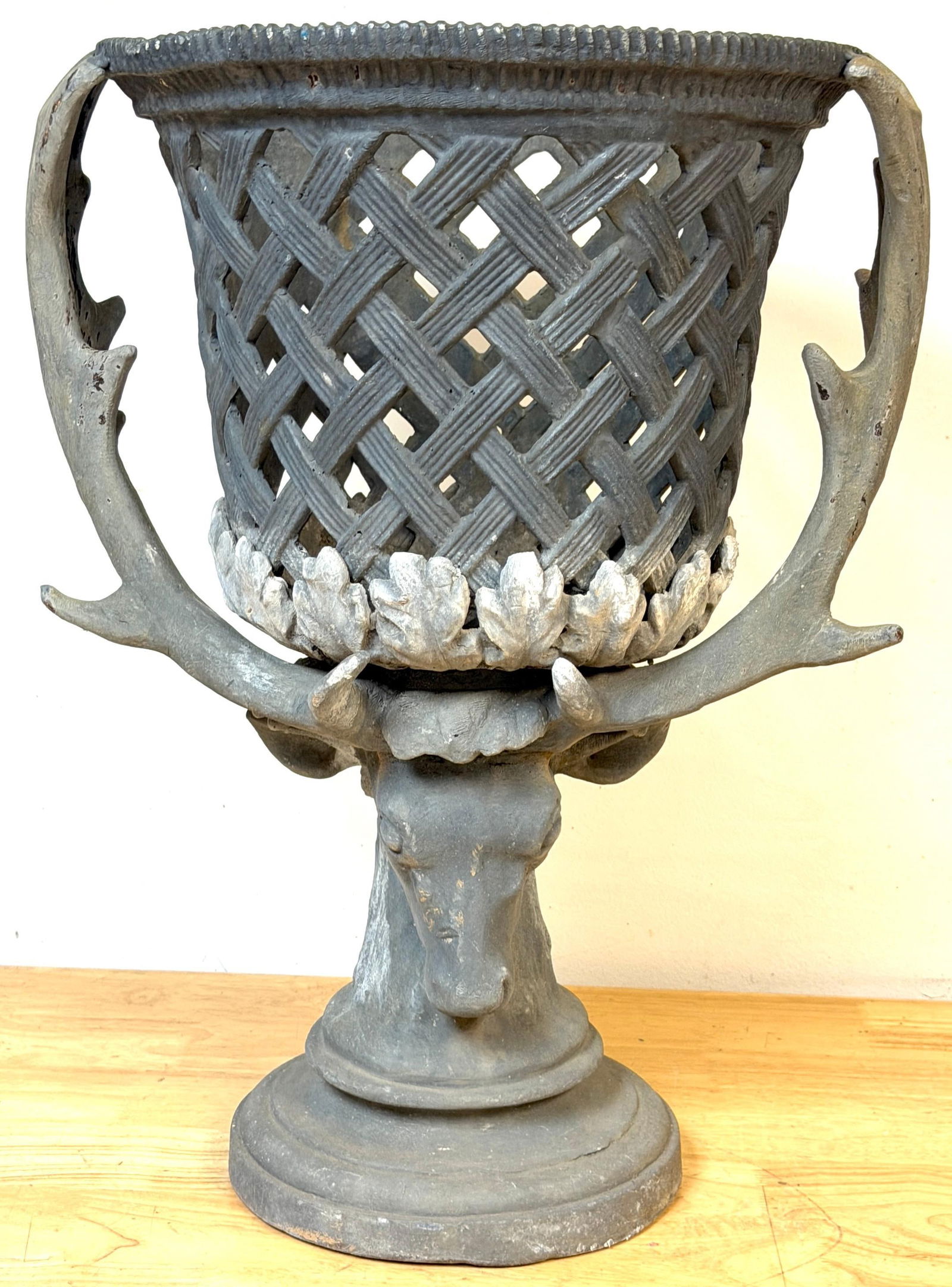 Monumental J.W. Fiske–Attributed Polychromed Lead Stag-Head Reticulated Urn - 3