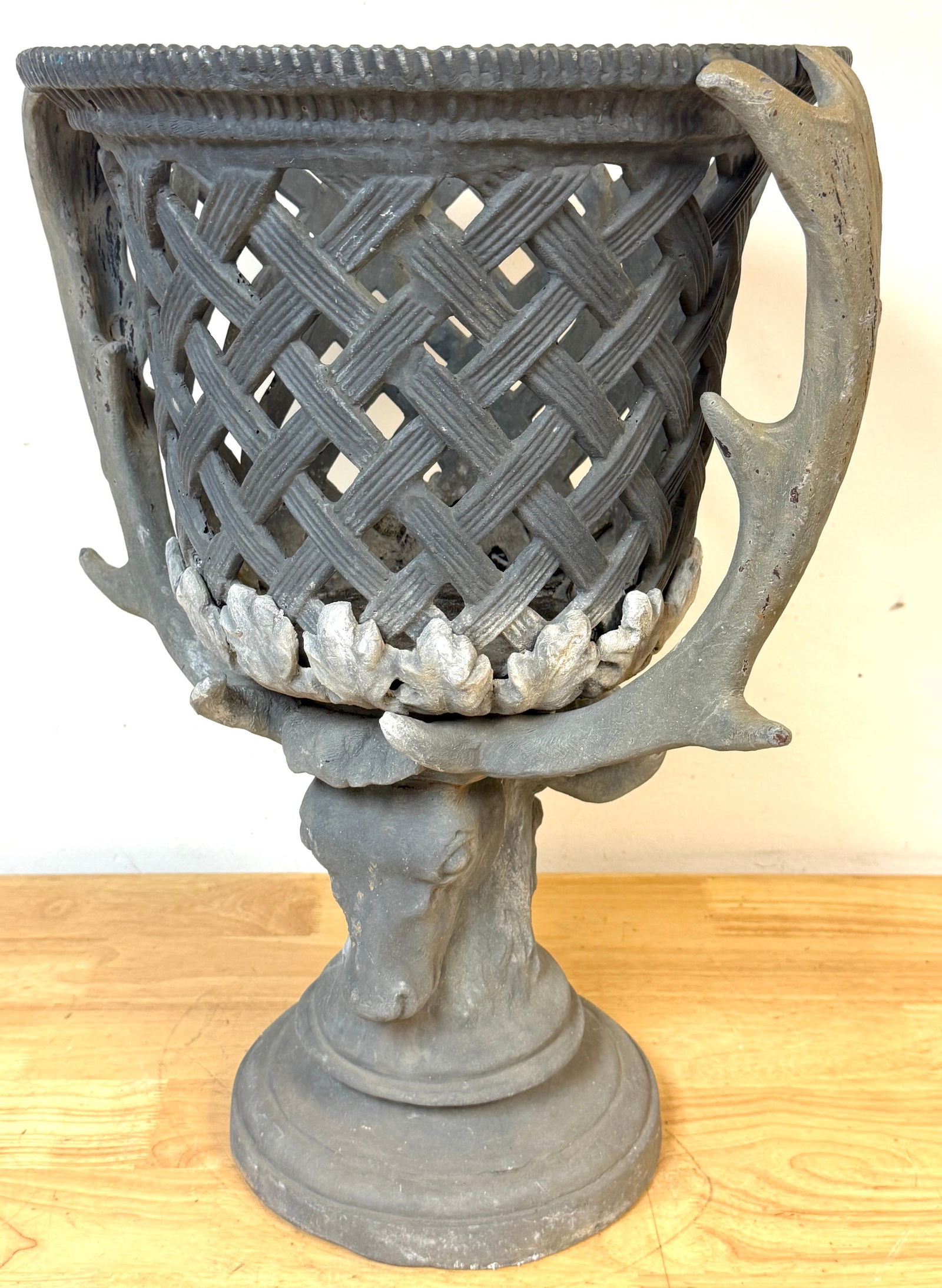 Monumental J.W. Fiske–Attributed Polychromed Lead Stag-Head Reticulated Urn - 4