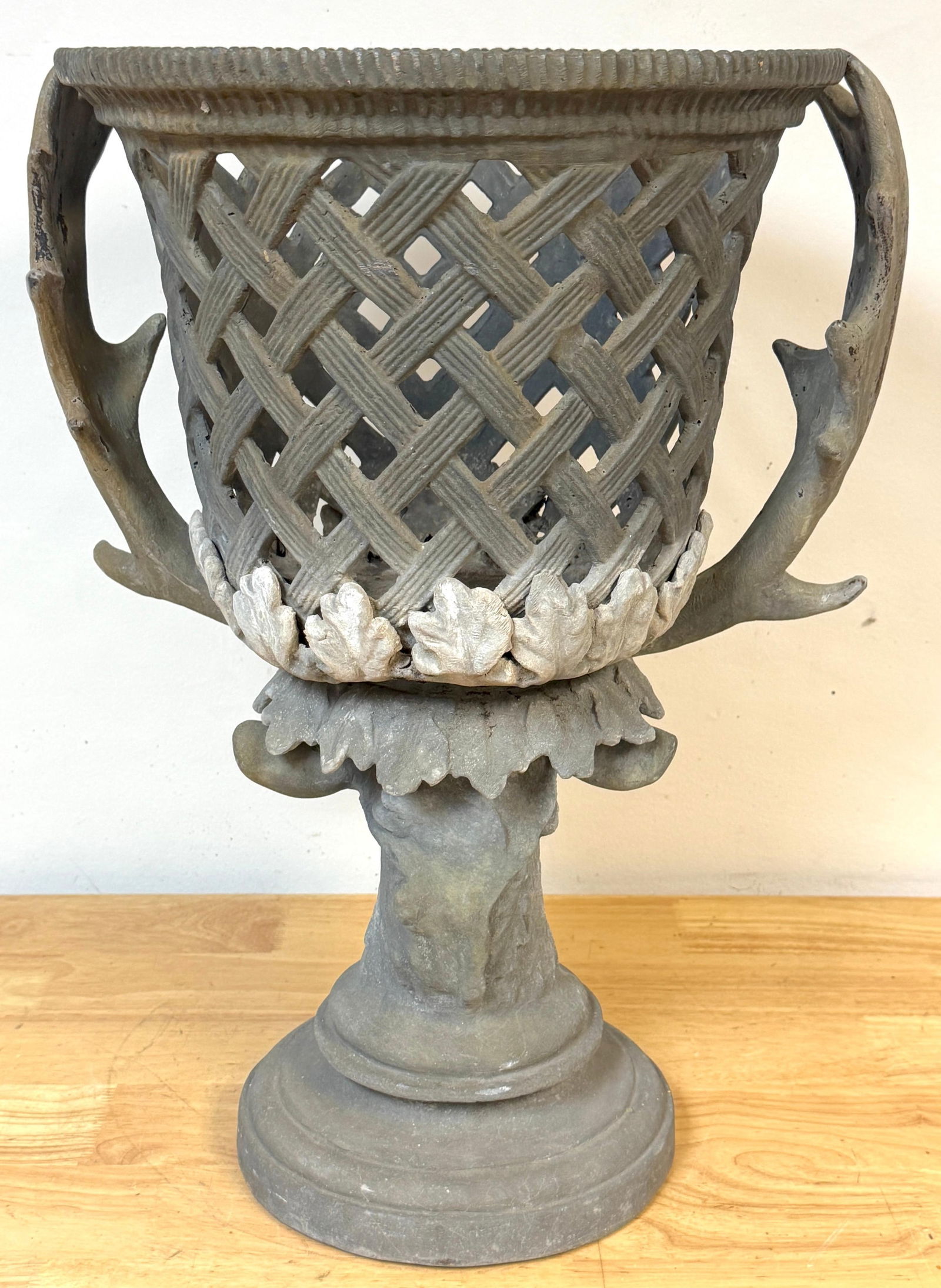 Monumental J.W. Fiske–Attributed Polychromed Lead Stag-Head Reticulated Urn - 6