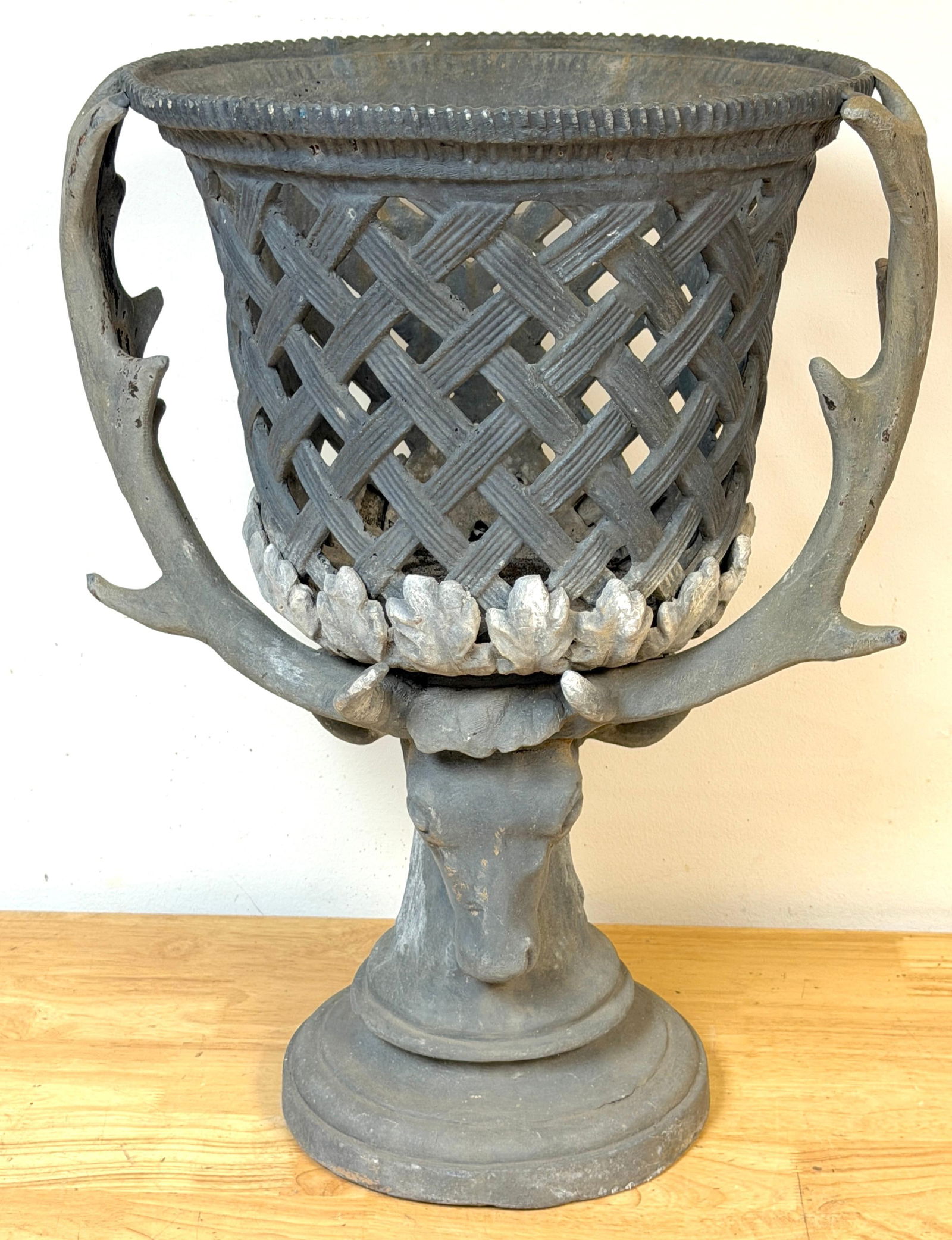 Monumental J.W. Fiske–Attributed Polychromed Lead Stag-Head Reticulated Urn - 7