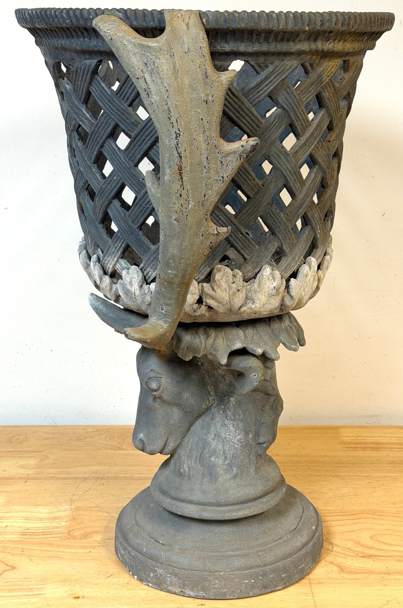 Monumental J.W. Fiske–Attributed Polychromed Lead Stag-Head Reticulated Urn - 9