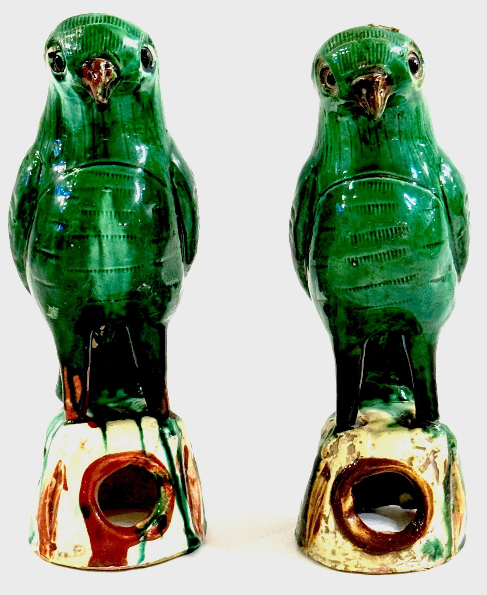 Pair #2 Chinese Export Porcelain Green Sancai Glazed Parrots - 2