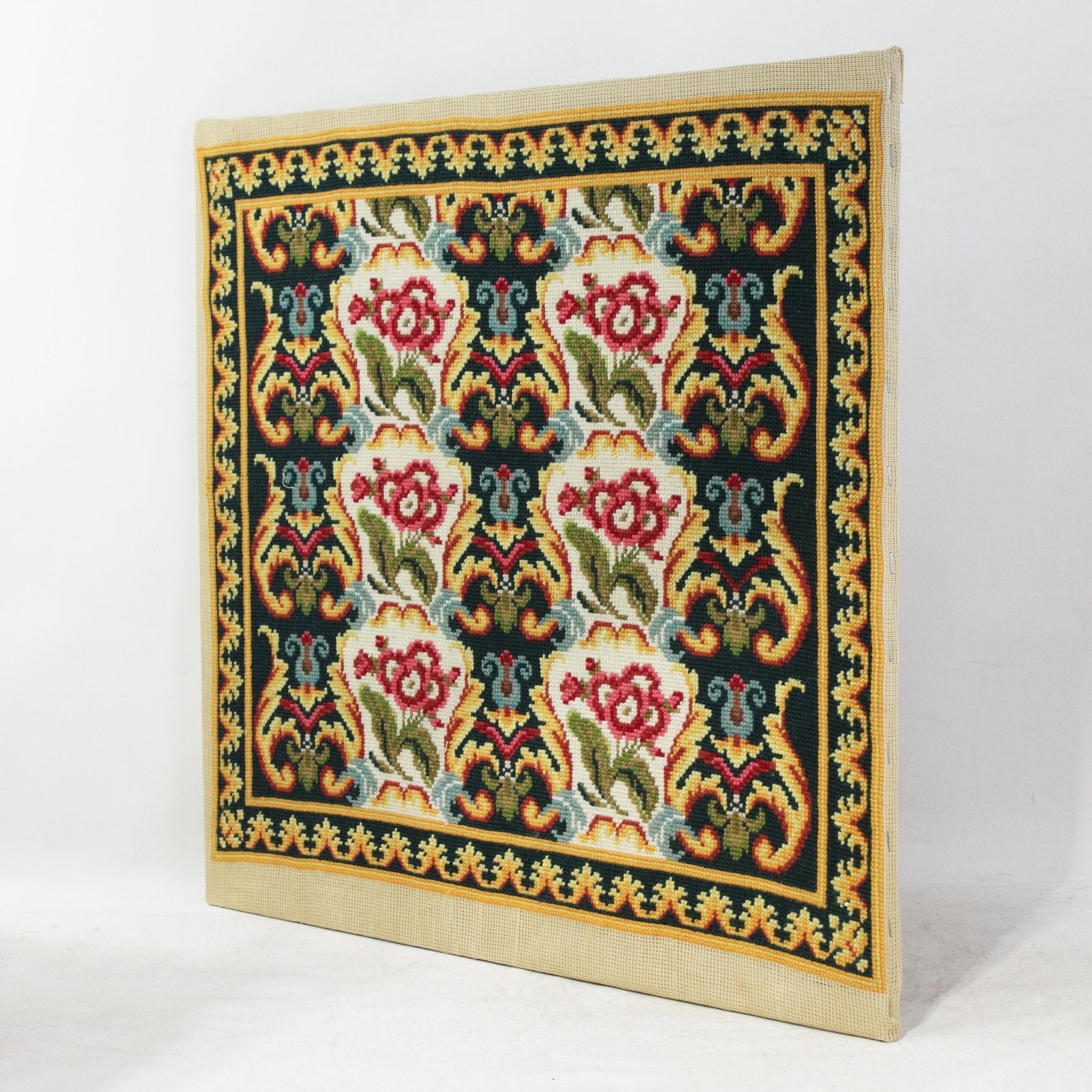 Vintage Floral Needlepoint Textile Art – Decorative Rose and Scrolling Acanthus Leaf Motif - 2