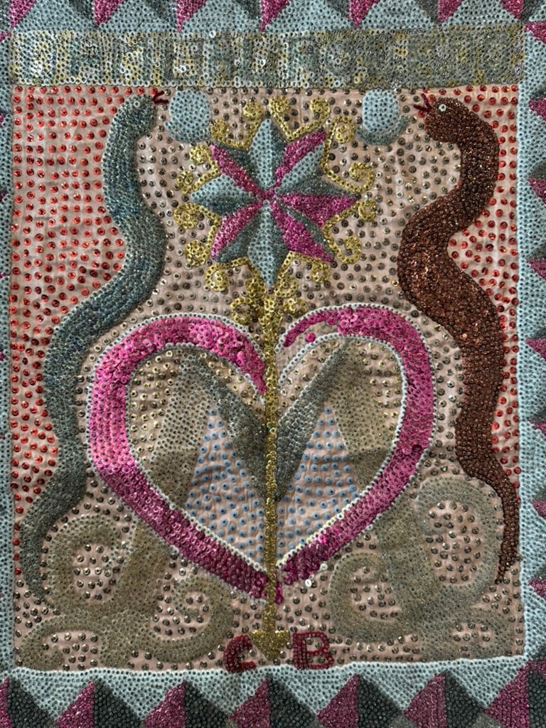 1980s Clotaire Bazile Haitian Vodou Drapo Large Sequined Beaded Flag Textile Wall Hanging - 4