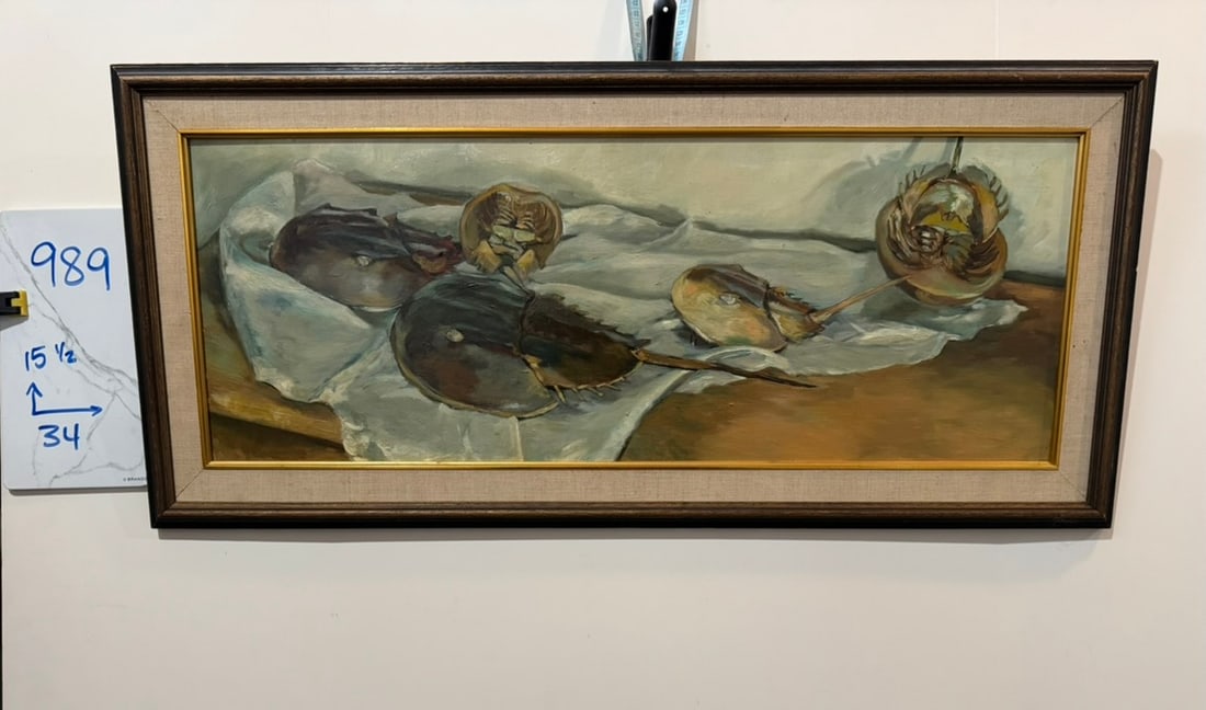 Vintage Horseshoe Crab Still Life Painting, Framed, Coastal - 2