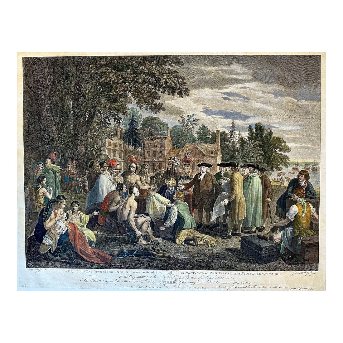 Late 18th Century William Penn's Treaty With the Indians "” Original Hand-Colored Engraving by: Rare striking original hand-colored steel engraving of William Penn's Treaty with the Indians, the legendary 1683 meeting at which Penn negotiated peace with the Lenape people upon founding the Provin