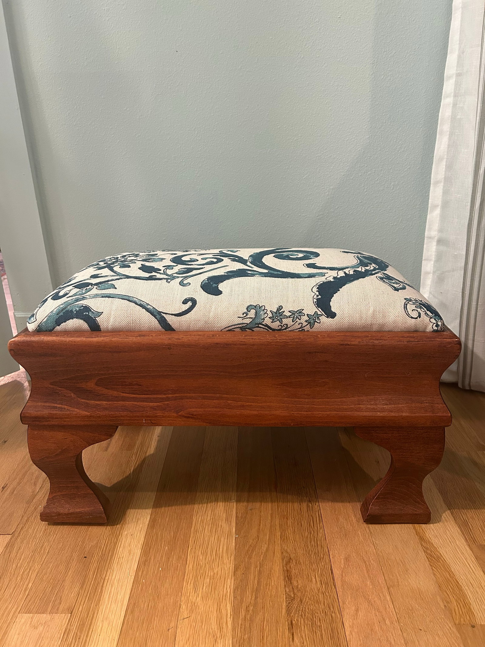 Vintage Empire Style Maple Footstool With Blue and White Linen Upholstery - 2