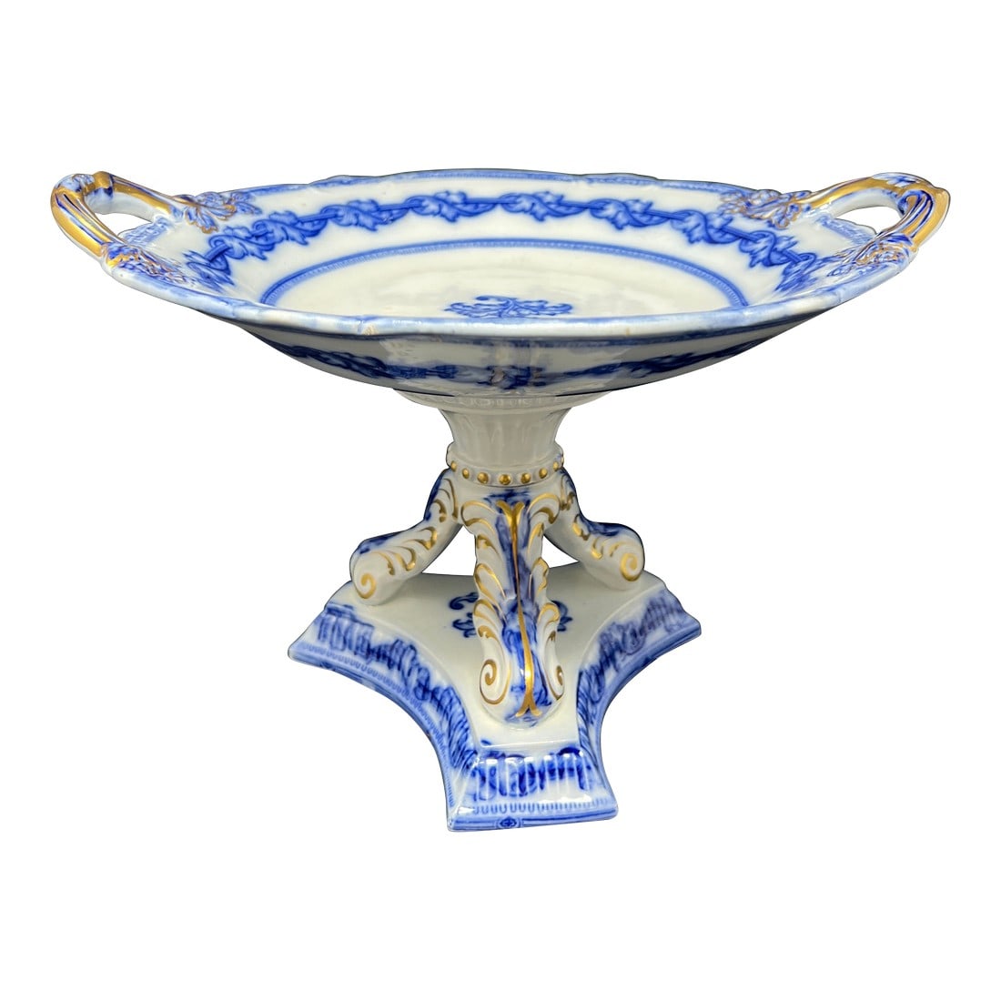 Antique Carl Tielsch Altwasser German Porcelain Pedestal Compote / Cake Stand, Cobalt Blue & Gilt Ro: This elegant late 19th-century German porcelain pedestal comport was produced by Carl Tielsch & Co. of Altwasser, Silesia, one of the premier porcelain manufacturers supplying luxury export wares to