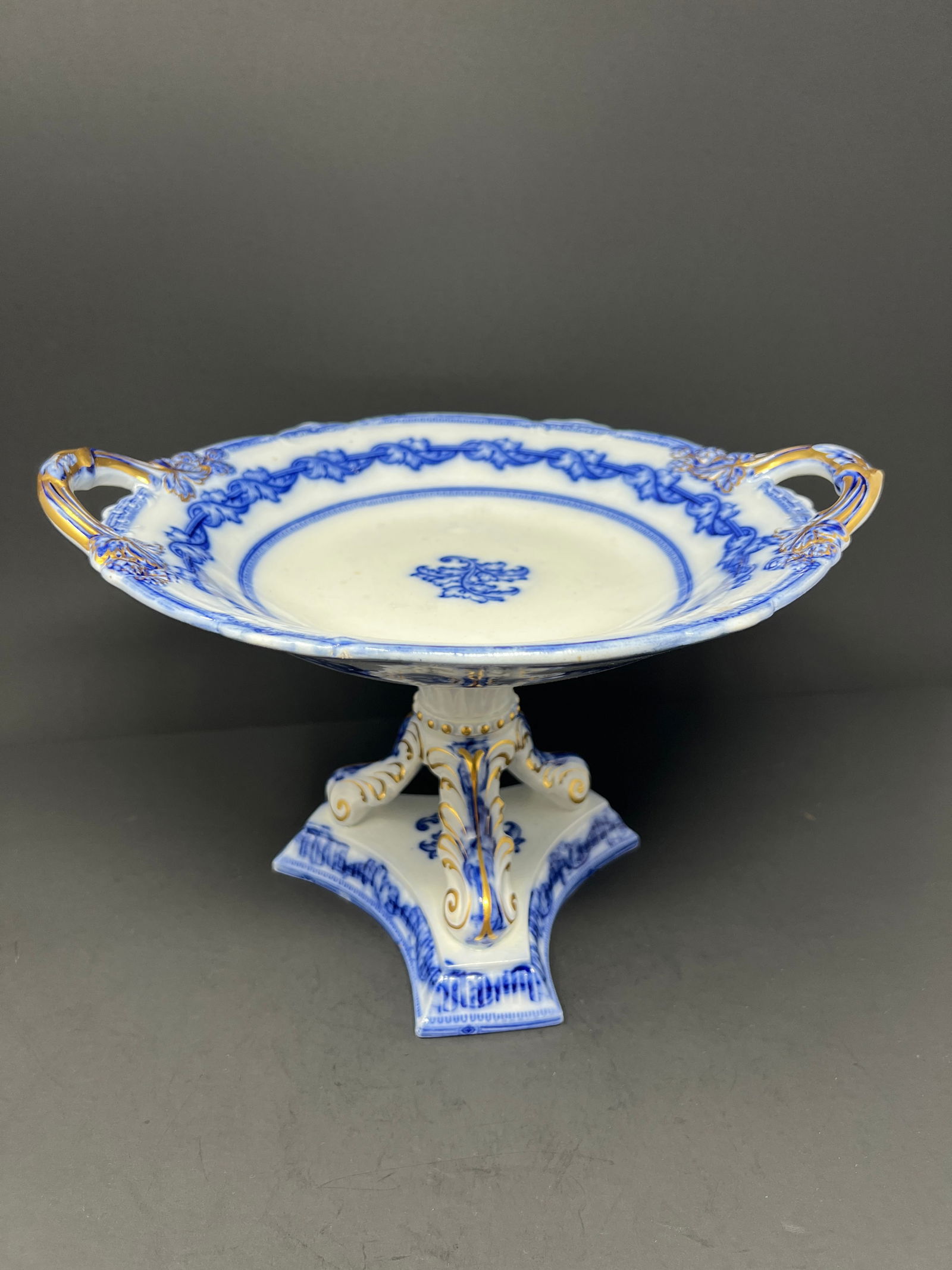 Antique Carl Tielsch Altwasser German Porcelain Pedestal Compote / Cake Stand, Cobalt Blue & Gilt Ro - 2