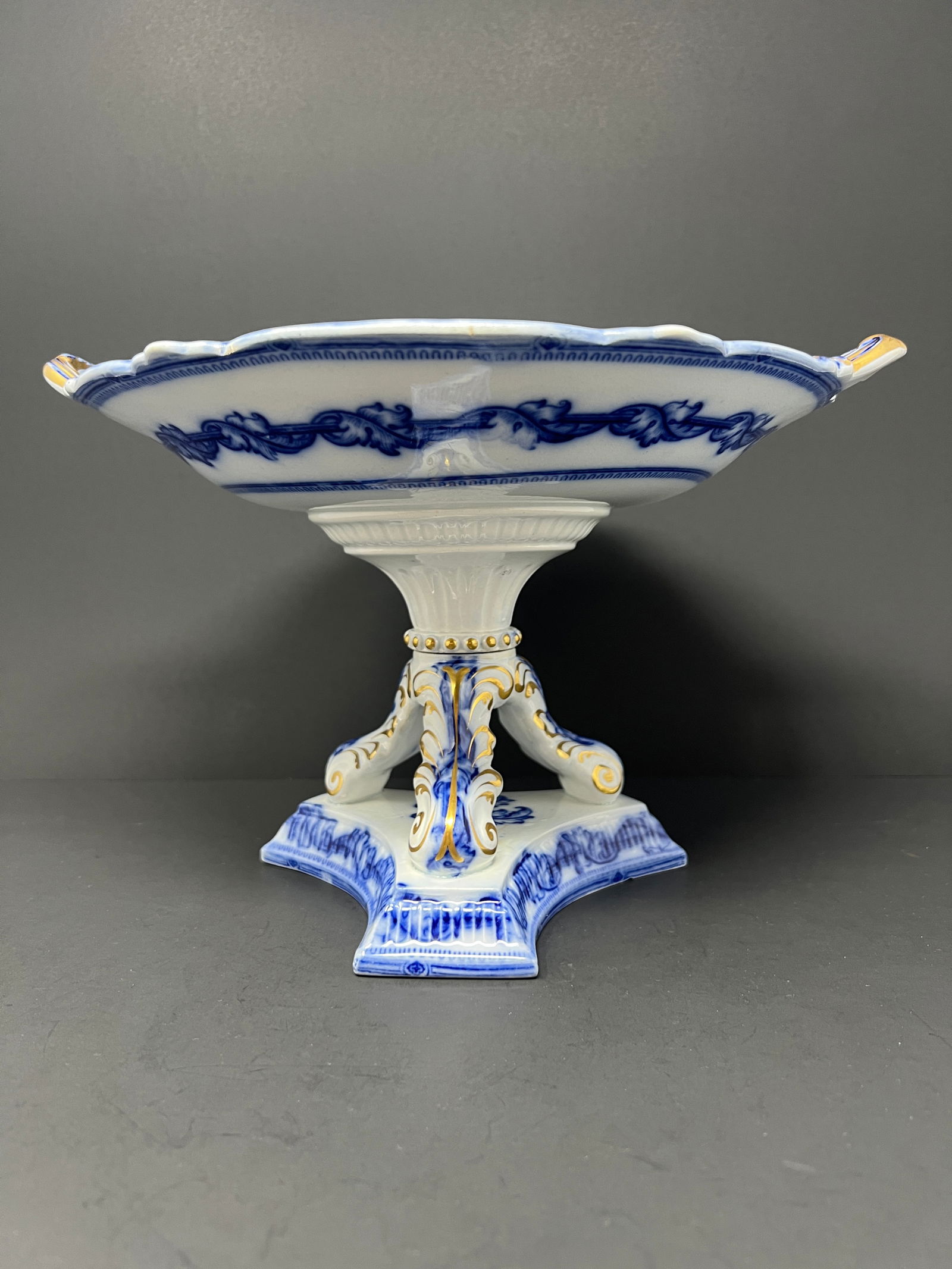 Antique Carl Tielsch Altwasser German Porcelain Pedestal Compote / Cake Stand, Cobalt Blue & Gilt Ro - 3