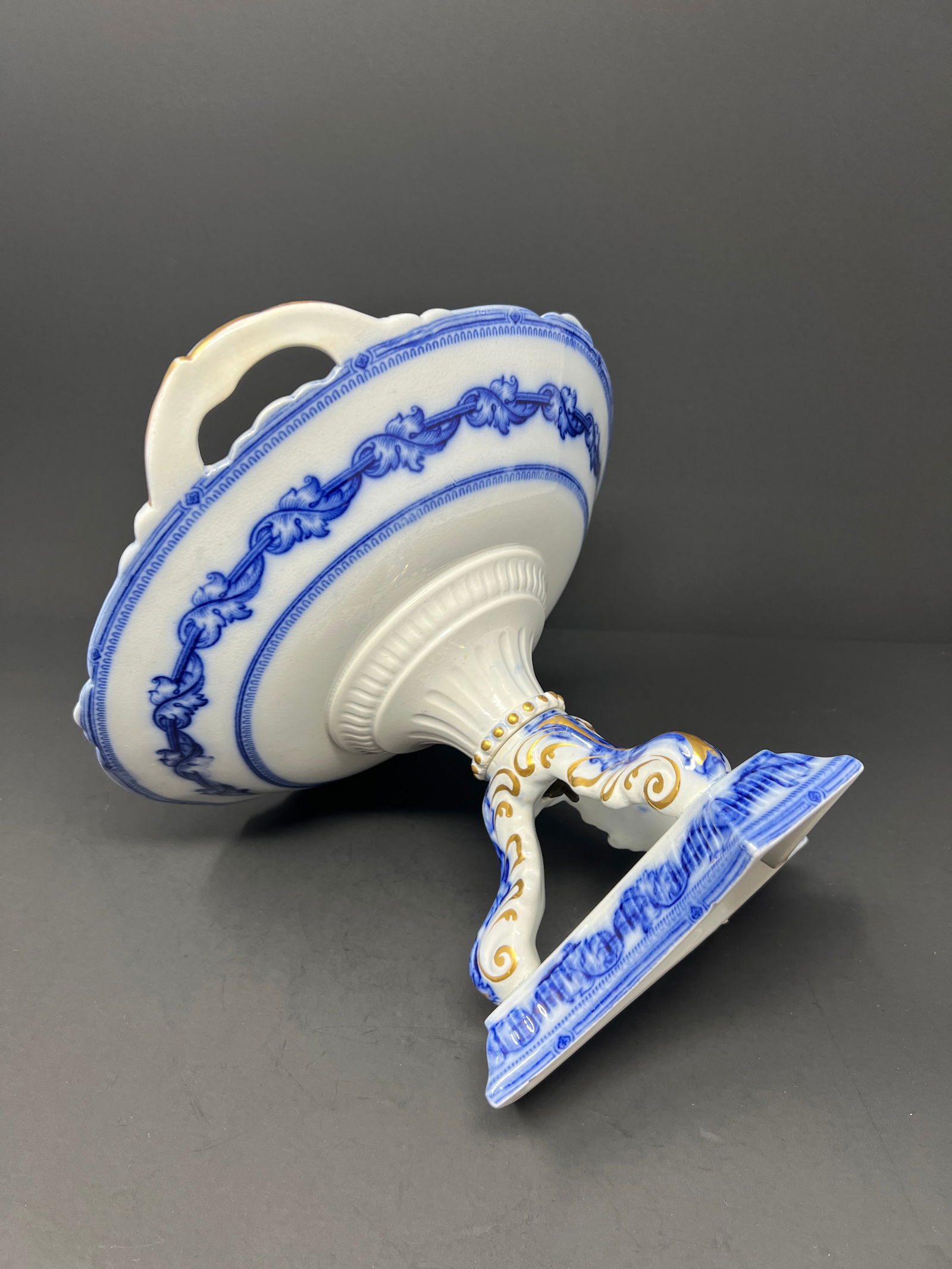 Antique Carl Tielsch Altwasser German Porcelain Pedestal Compote / Cake Stand, Cobalt Blue & Gilt Ro - 8