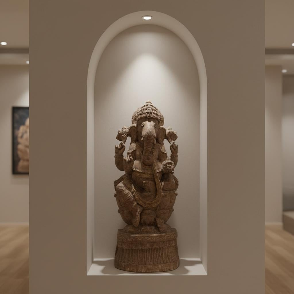 Solid Wood Hand Carved 35 In. Tall Ganesha Statue in Distressed White Finish - 2