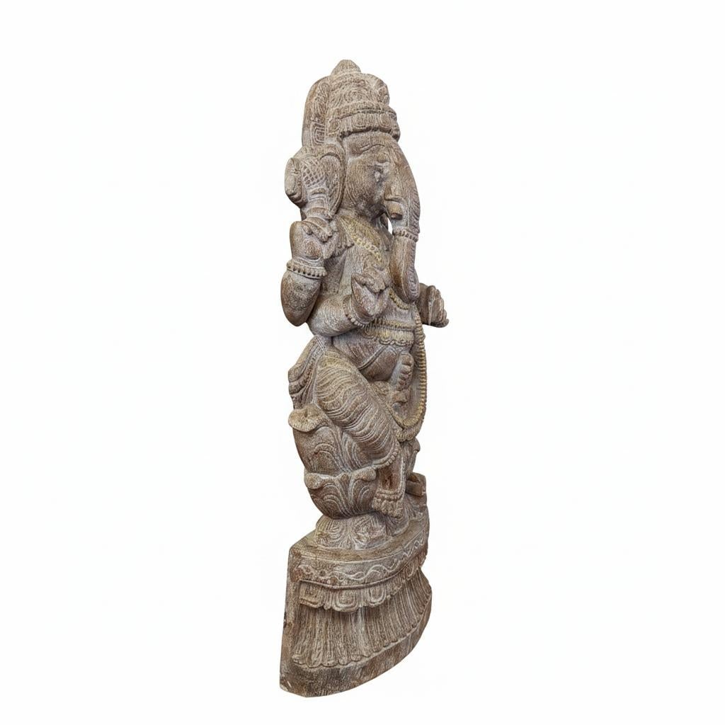 Solid Wood Hand Carved 35 In. Tall Ganesha Statue in Distressed White Finish - 4