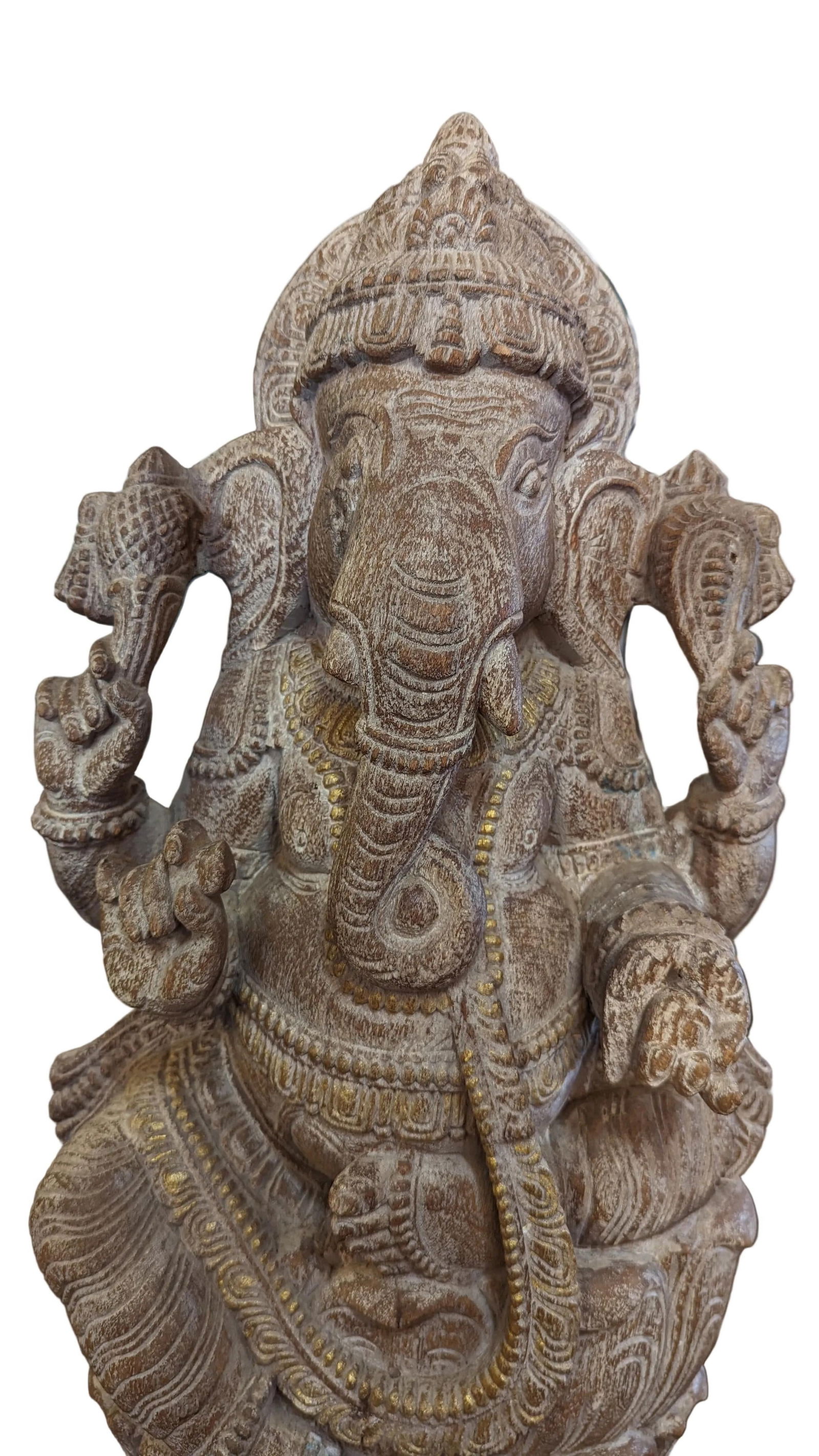Solid Wood Hand Carved 35 In. Tall Ganesha Statue in Distressed White Finish - 5