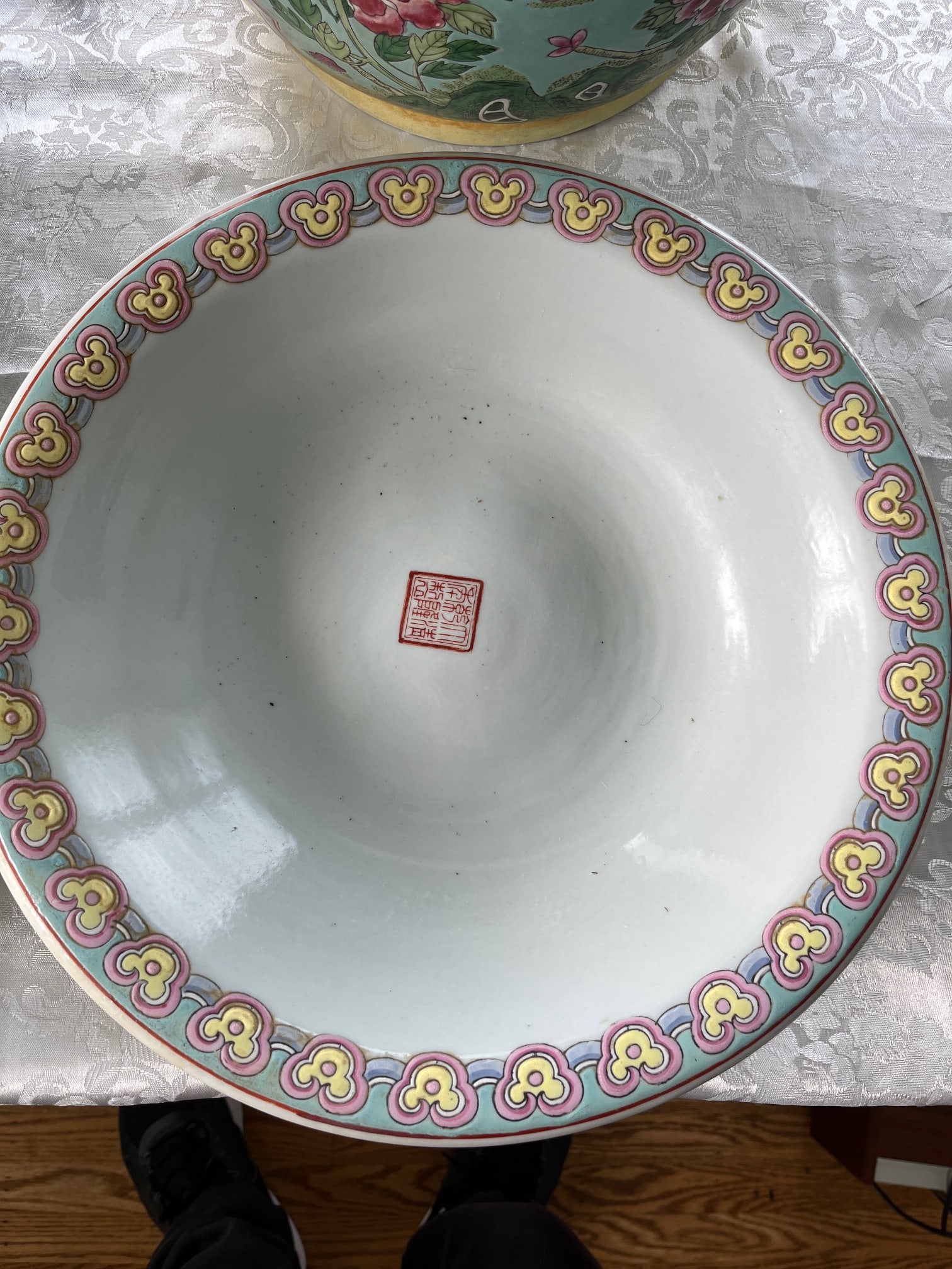 Pair Large 13" Chinese Famille Jaune Phoenix Porcelain Planters & Trays-Heavy - 9