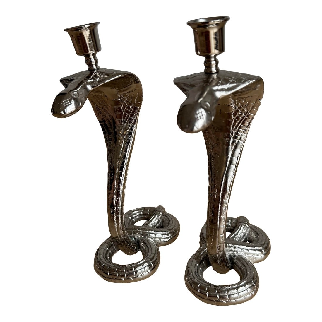 1930s Egyptian Revival Bronze Candlesticks/Taper Candle Holders, Newly Nickel Plated –: An exceptional pair of 1930s Egyptian bronze candlesticks, newly nickel plated to create a luminous, architectural finish that elevates their already dramatic form. Originally cast in solid bronze