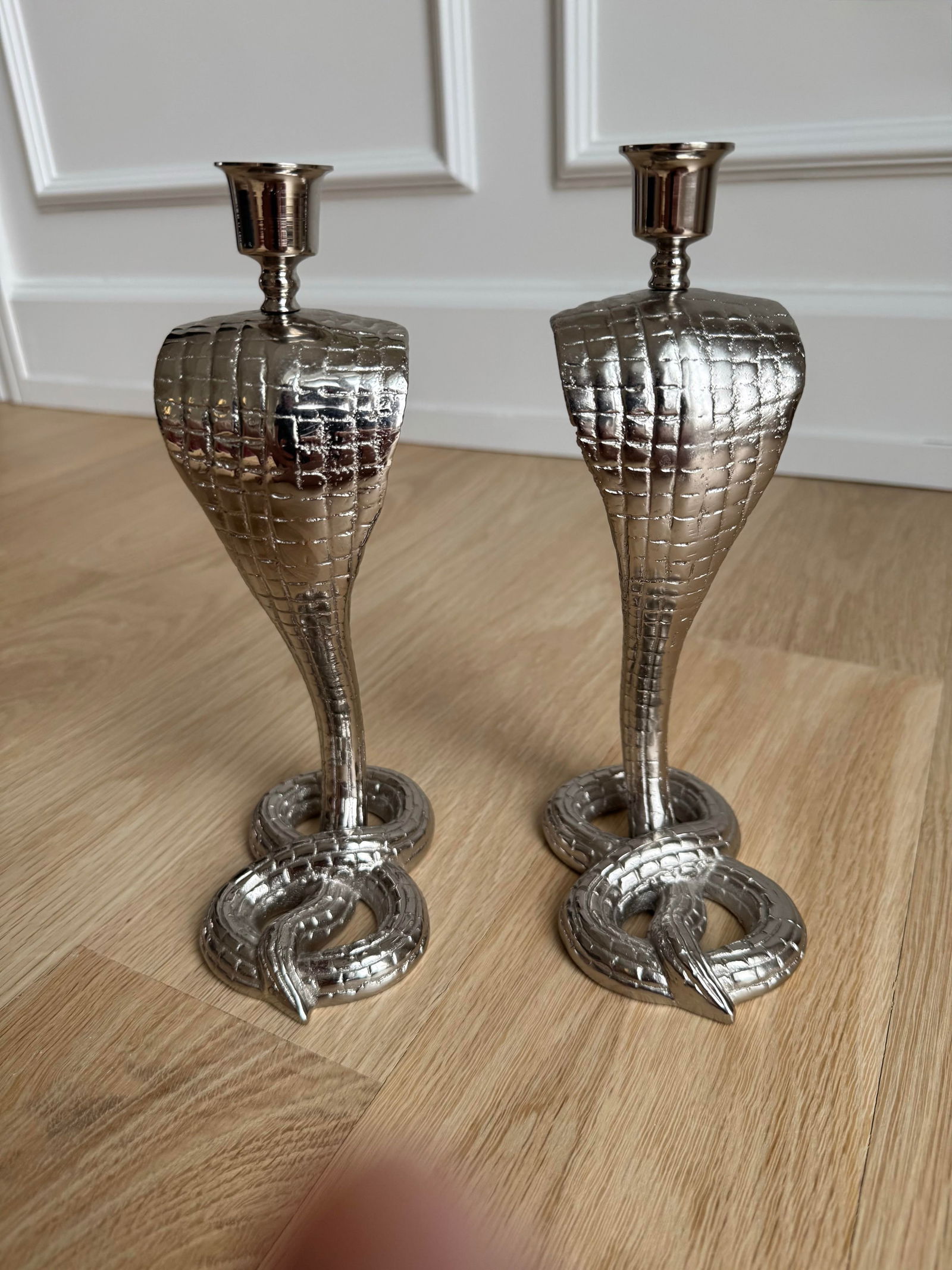 1930s Egyptian Revival Bronze Candlesticks/Taper Candle Holders, Newly Nickel Plated – - 7