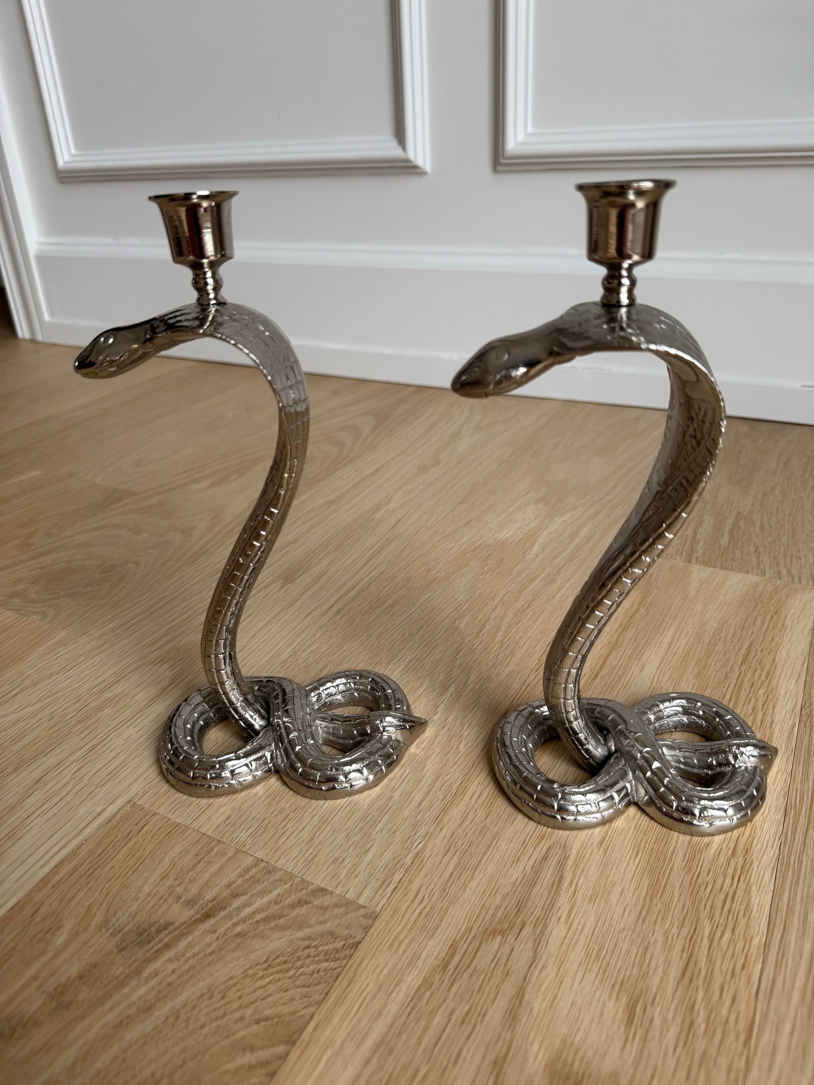 1930s Egyptian Revival Bronze Candlesticks/Taper Candle Holders, Newly Nickel Plated – - 8