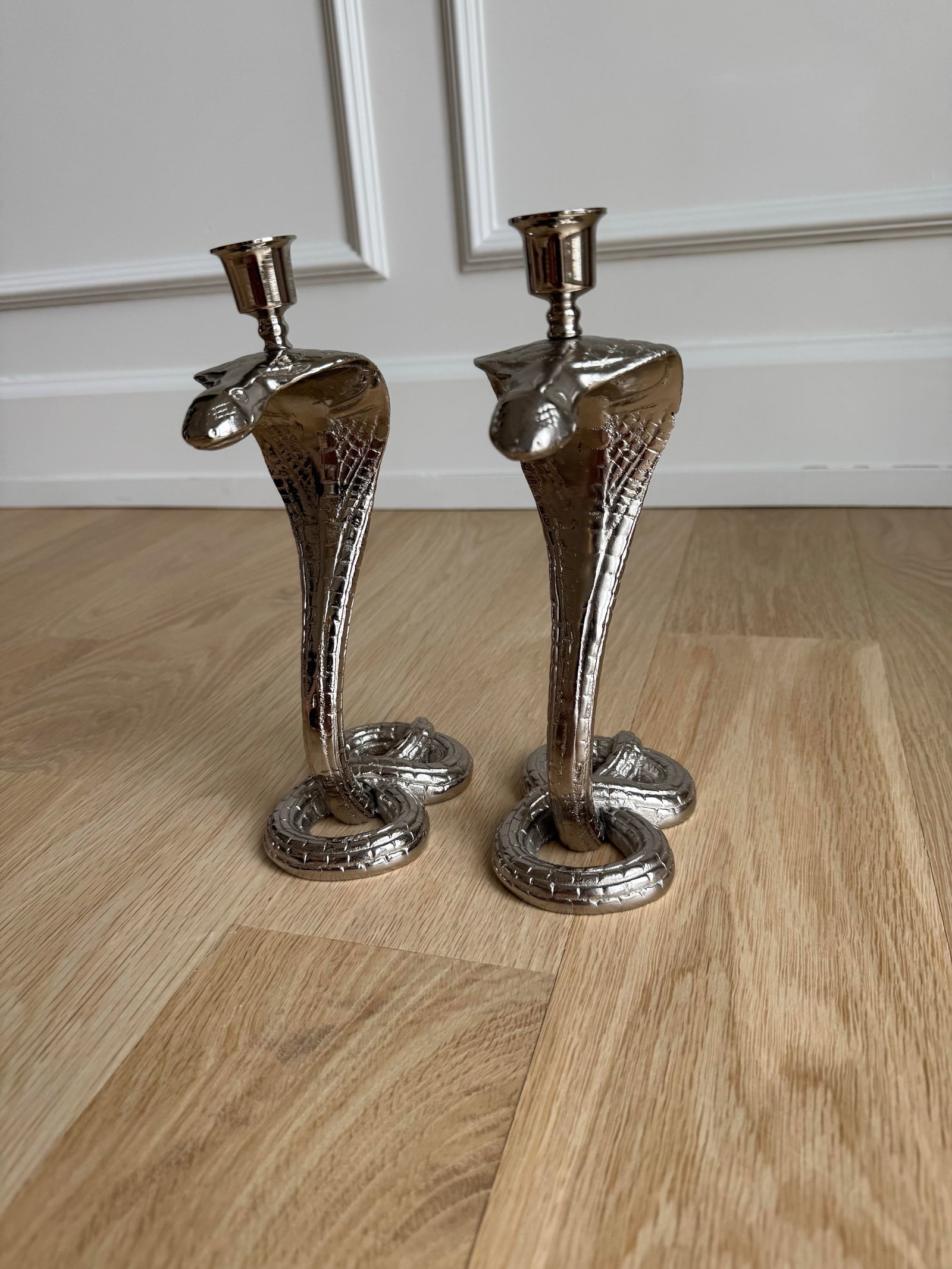 1930s Egyptian Revival Bronze Candlesticks/Taper Candle Holders, Newly Nickel Plated – - 9