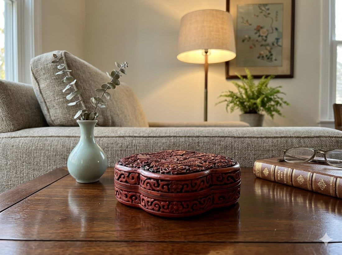 Handcrafted Vintage Chinese Red Lacquer Four Lobed Floral Accent Box - 10