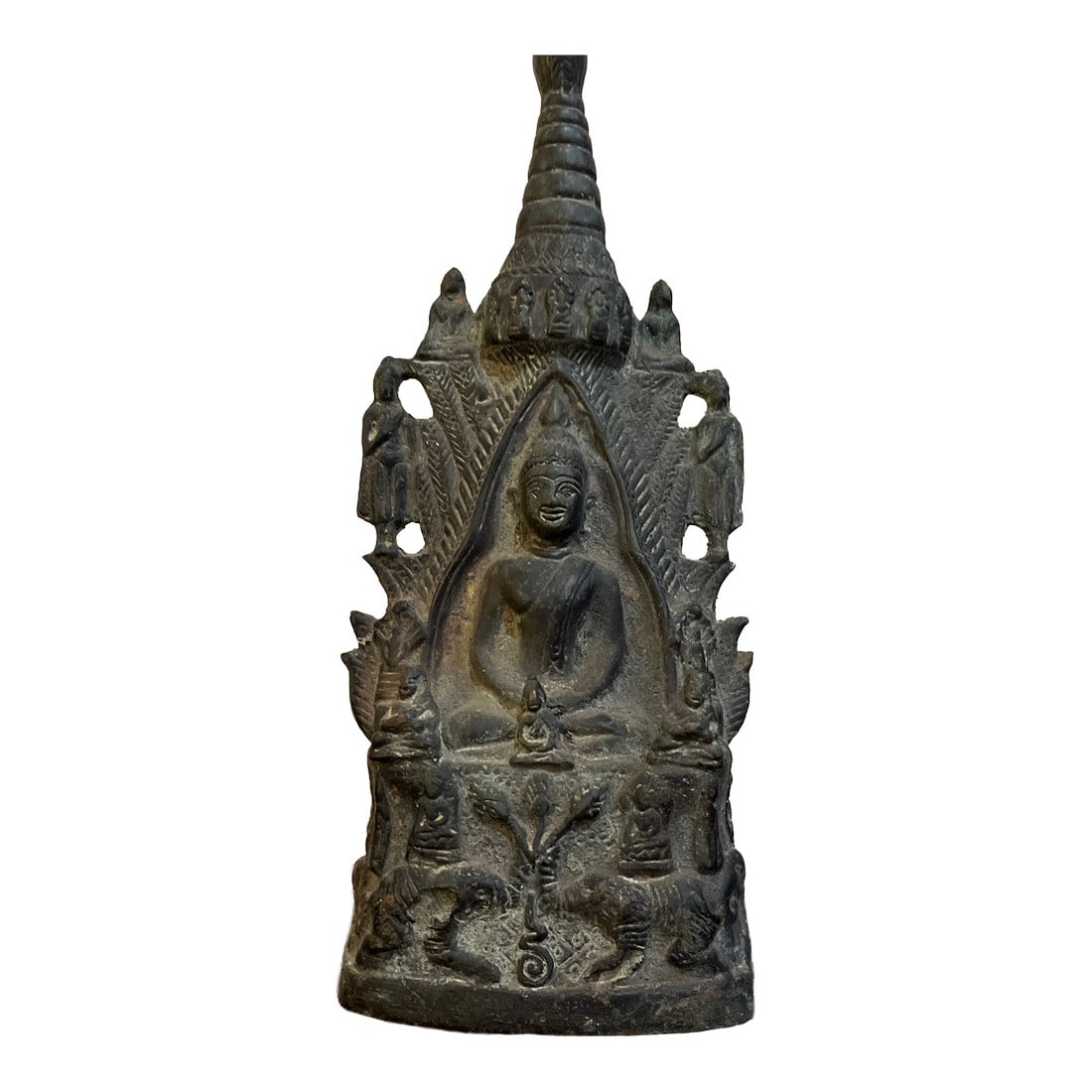 Vintage Thai Bronze Stupa Shrine With 1,000 Buddha Motif: A substantial and exceptionally detailed Thai Buddhist Stupa (Chedi) shrine, featuring the iconic "1,000 Buddhas" motif. The central Buddha is depicted in the meditative Earth Witness (Bhumisparsha)