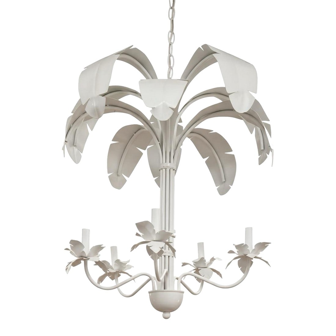 Vintage Tole Metal Newly Painted White Palm Leaf Chandelier Curated by Turtle and Crane - Dorothy Dr: Presenting a Turtle and Crane Curated find: a stunning vintage tole chandelier, newly painted in a crisp, high-gloss white. This 5-light fixture captures the essence of Palm Beach Chic with its