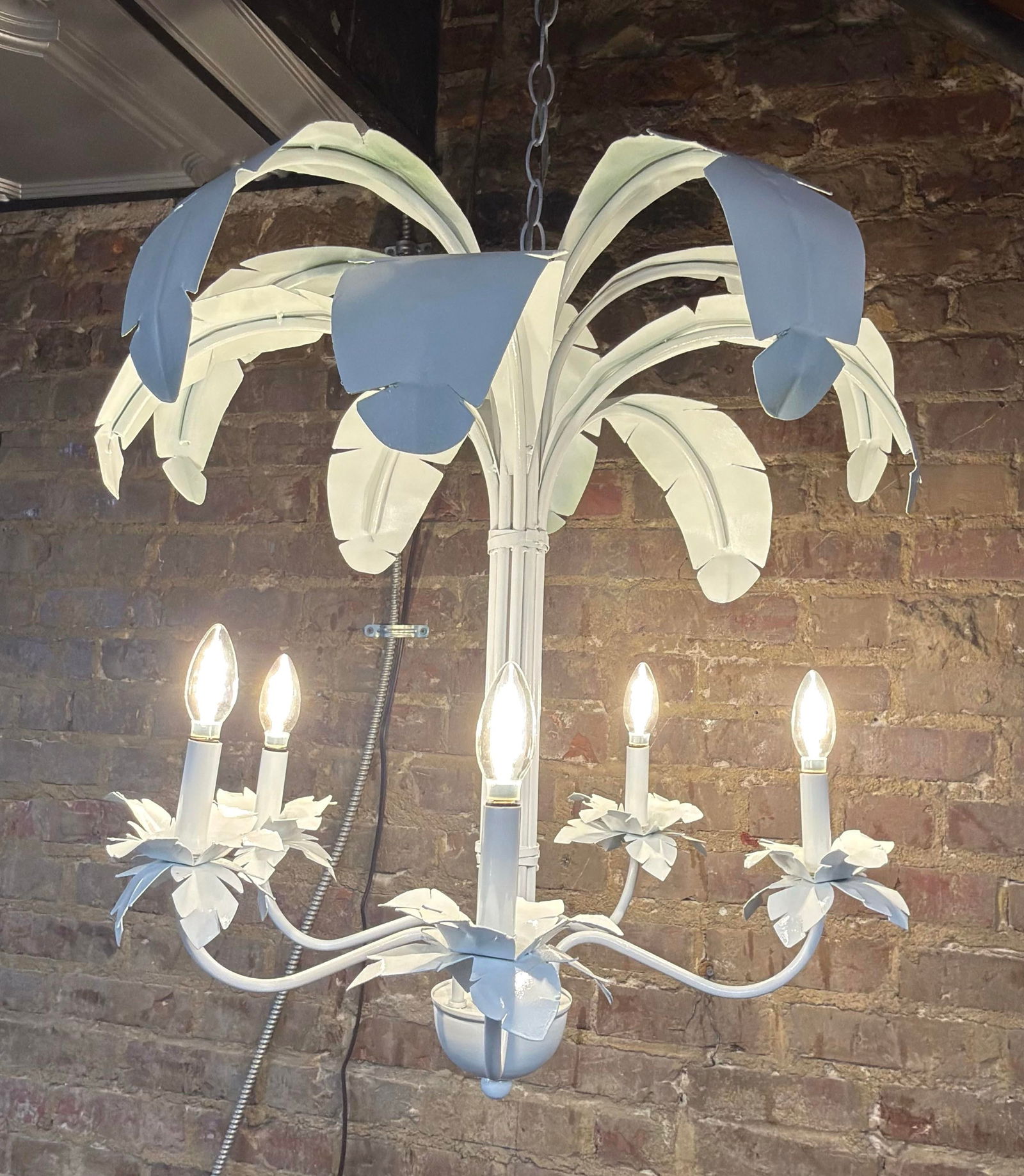 Vintage Tole Metal Newly Painted White Palm Leaf Chandelier Curated by Turtle and Crane - Dorothy Dr - 4