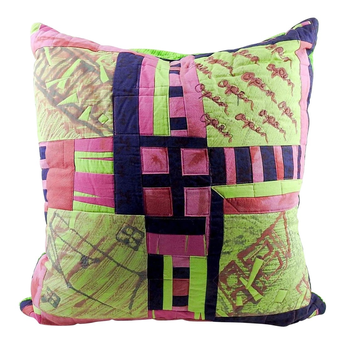 Artist Studio Made Quilted Green Pink Monoprint Pillow: One of a kind artist studio made pillow from vintage fabric by Linda Thompson. Includes abstract monoprint on cotton, hand dyed cotton, pieced and quilted construction. Back is lime green wide