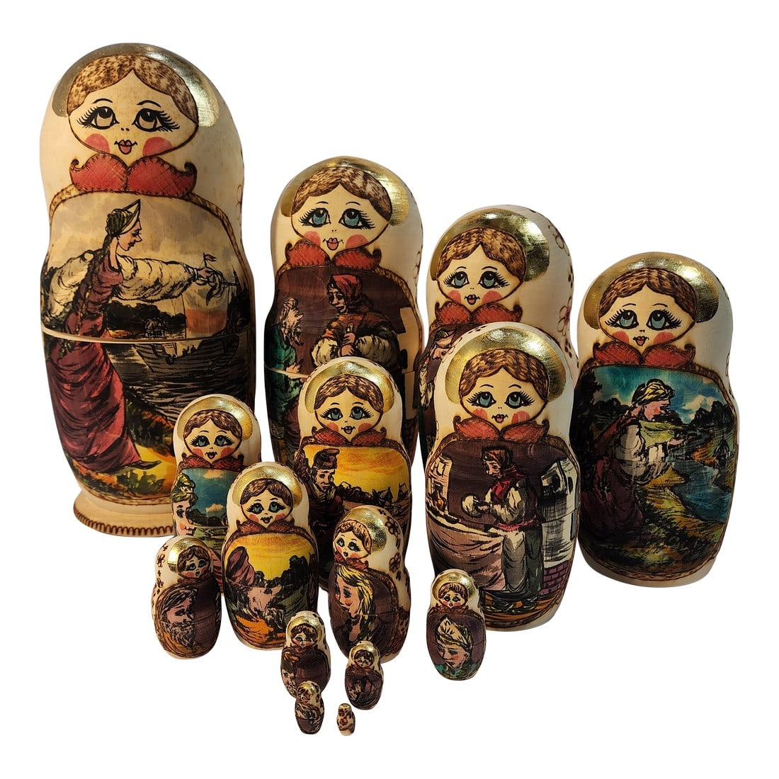 1980s Monumental 15 Piece Set of Hand Painted Stacking Dolls: Each piece is beautifully painted and in remarkable condition. From the largest measuring 12" to the tiniest only .5 of an inch, each one has it's own unique scene. This is the nicest set I have