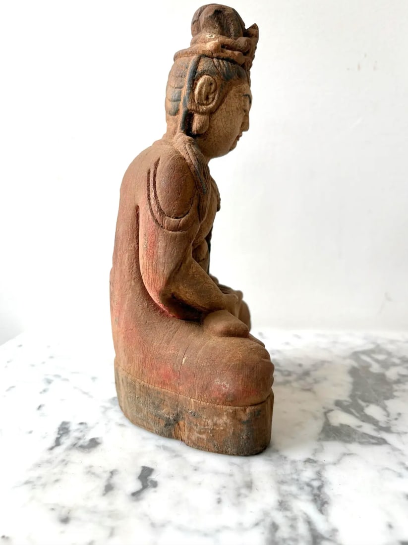 Early 20th Century Guan Yin Meditating Buddha Carved Wood Figure - 2