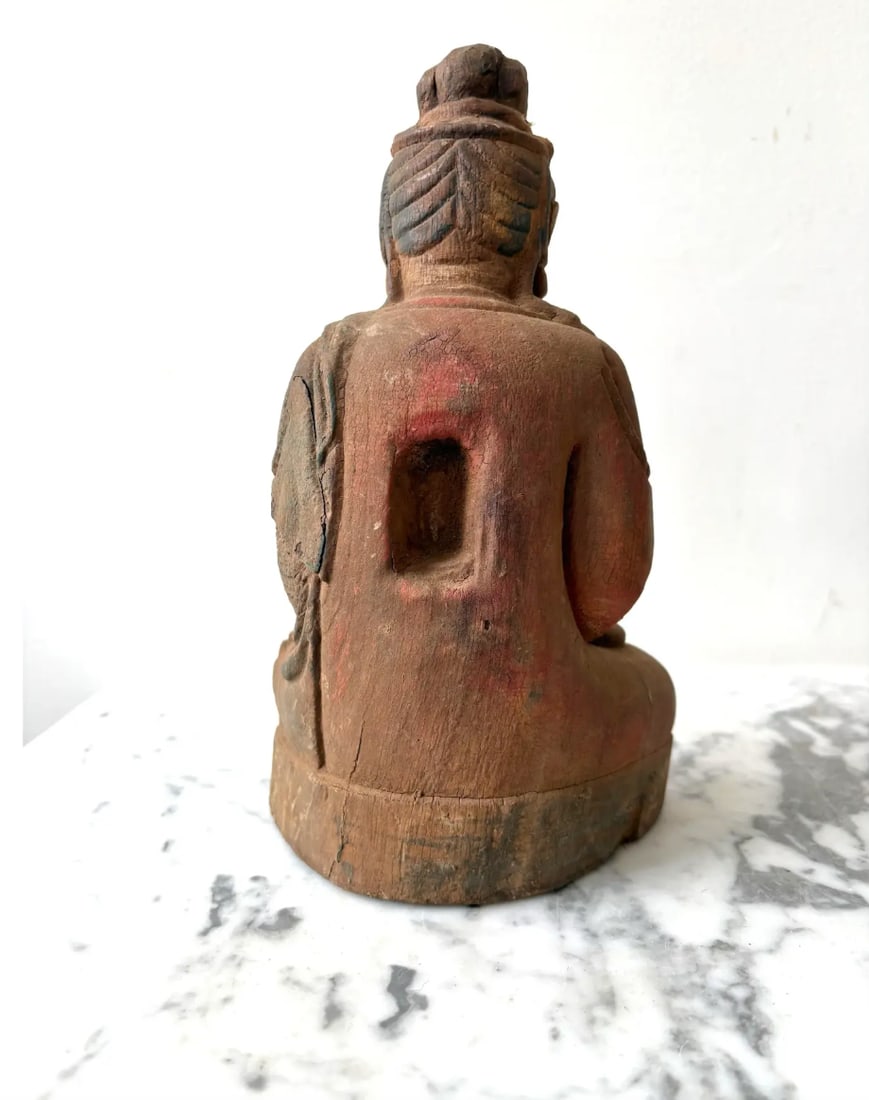 Early 20th Century Guan Yin Meditating Buddha Carved Wood Figure - 3