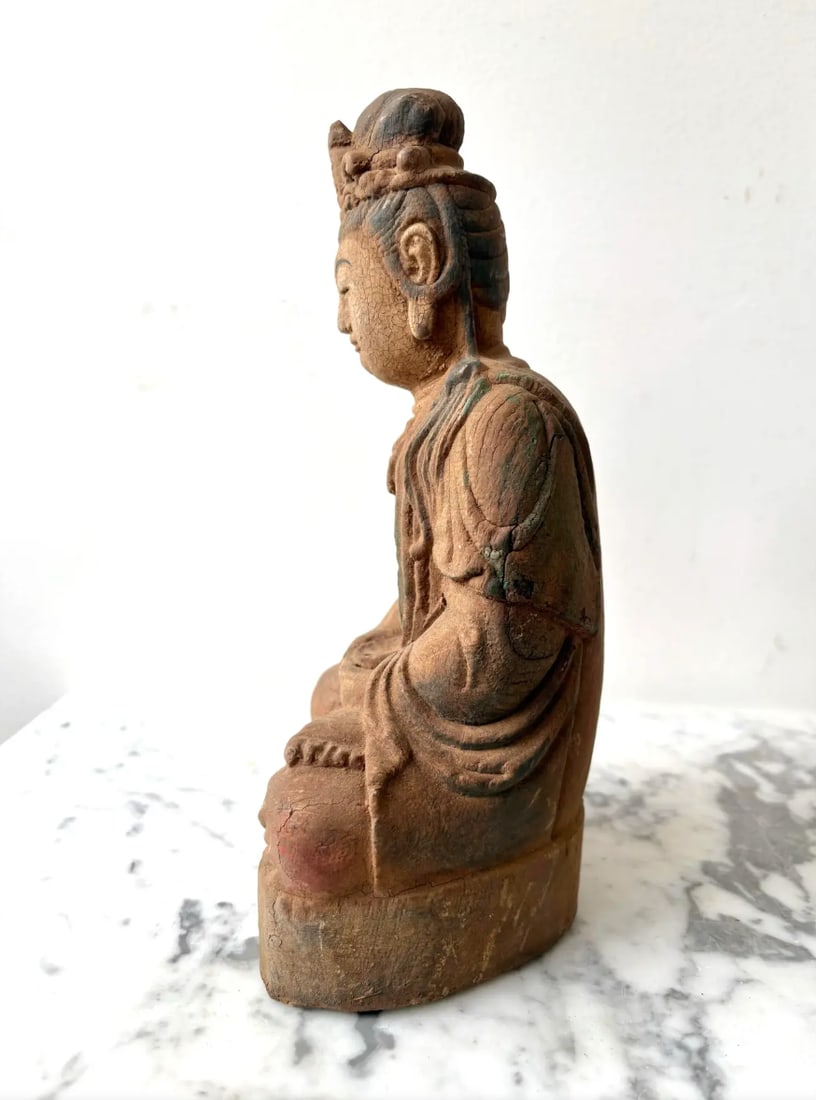 Early 20th Century Guan Yin Meditating Buddha Carved Wood Figure - 4