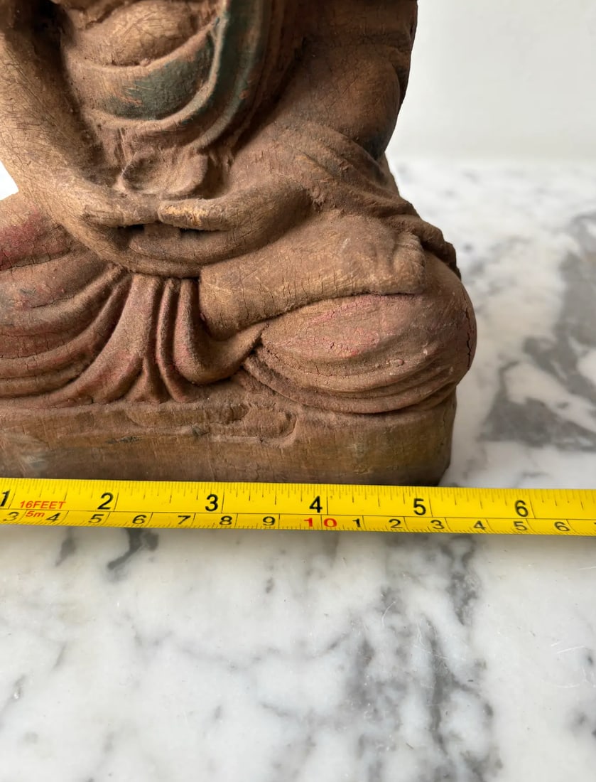 Early 20th Century Guan Yin Meditating Buddha Carved Wood Figure - 6