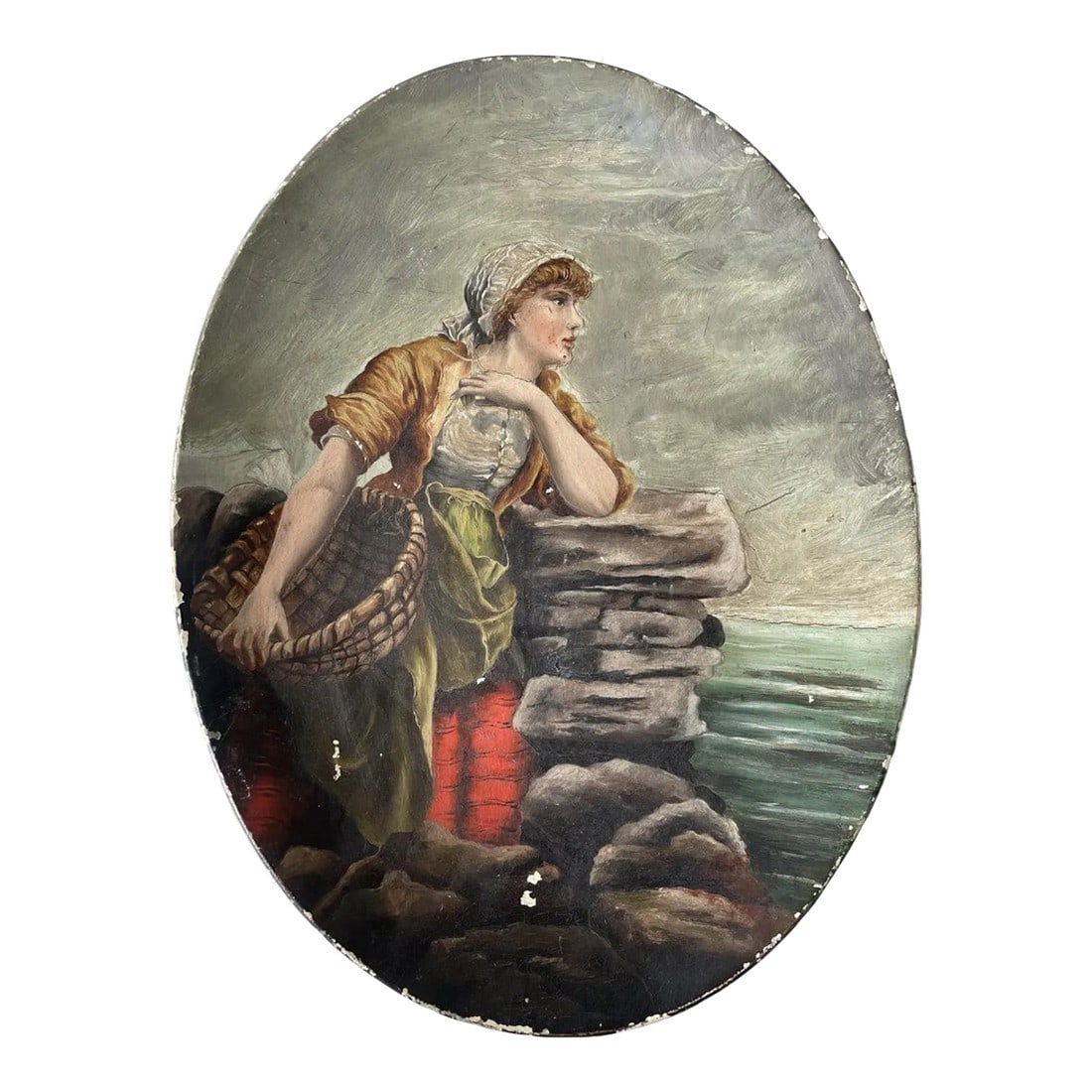 Antique Handpainted Hanging Plate - Woman With Basket: Beautiful hand painted hanging plate with the image of woman holding a basket by water as she leans on a stone wall. Oil Paint. Condition: Alterations: Original Condition Unaltered Imperfections: