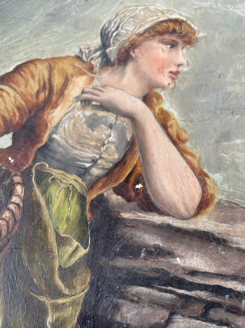 Antique Handpainted Hanging Plate - Woman With Basket - 3