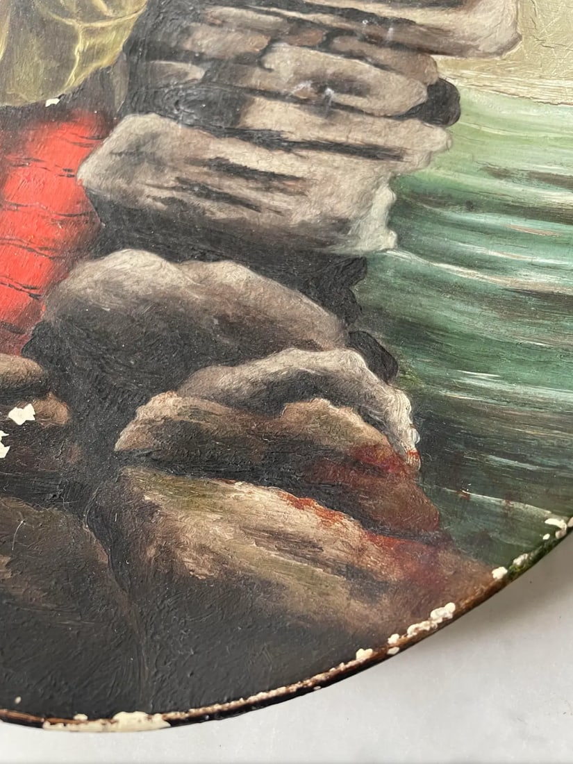 Antique Handpainted Hanging Plate - Woman With Basket - 4