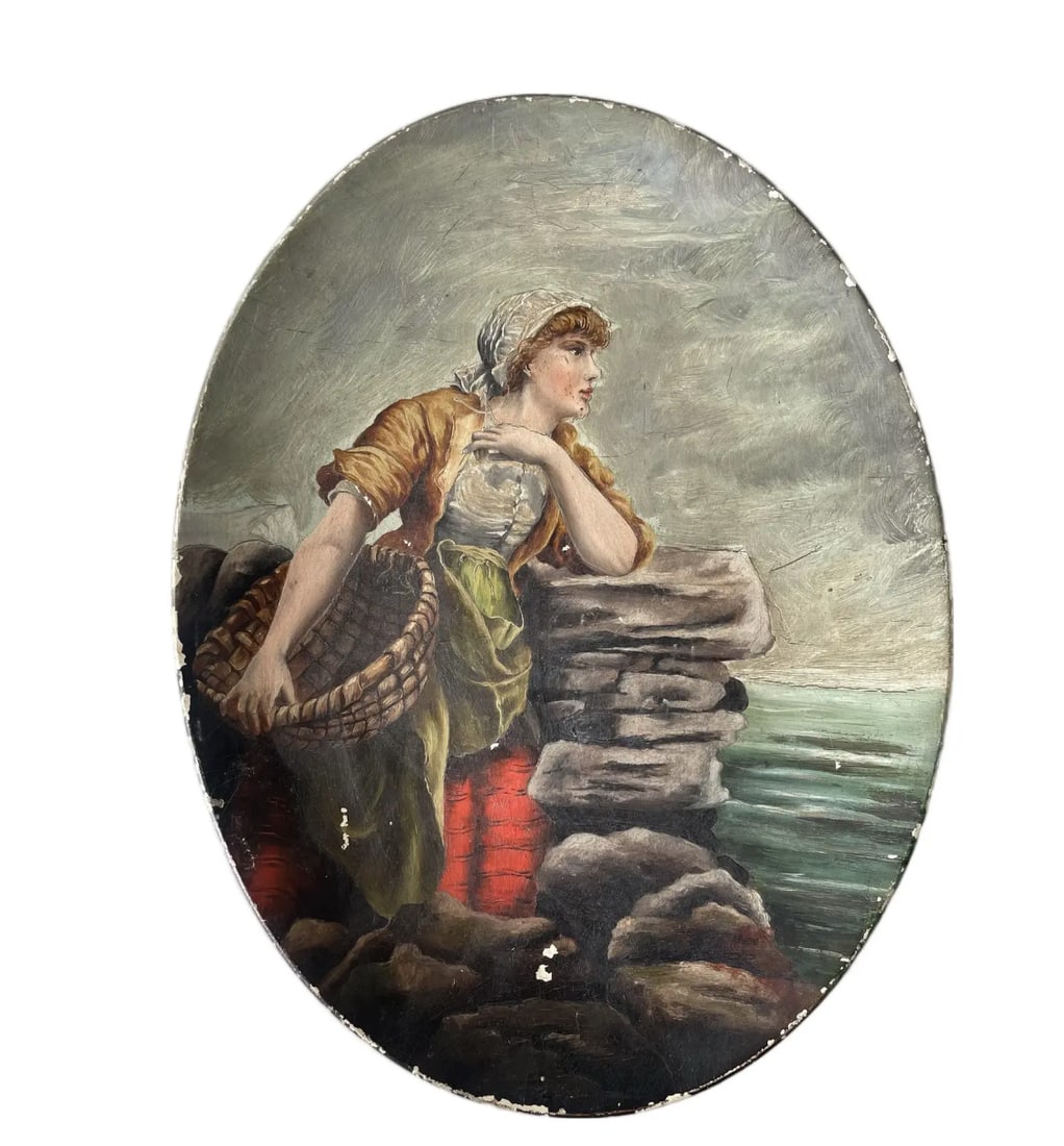 Antique Handpainted Hanging Plate - Woman With Basket - 5