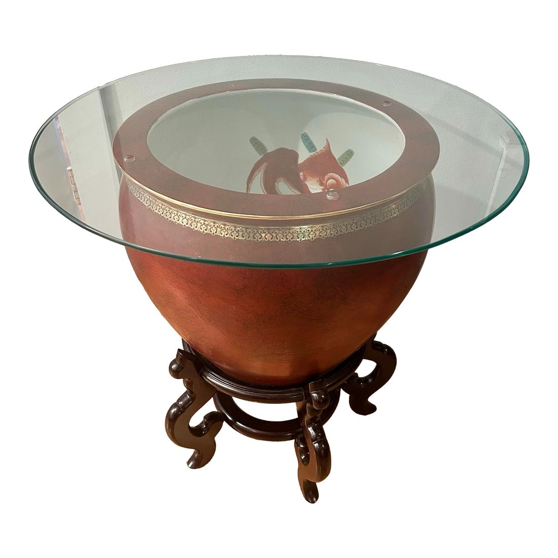 Vintage Chinoiserie Oxblood Fishbowl Planter or Side Table on Stand With Glass Top: Striking and versatile, this Chinese-style porcelain fishbowl has been paired with a custom beveled glass top to create a functional accent table. The richly glazed oxblood red exterior is accented
