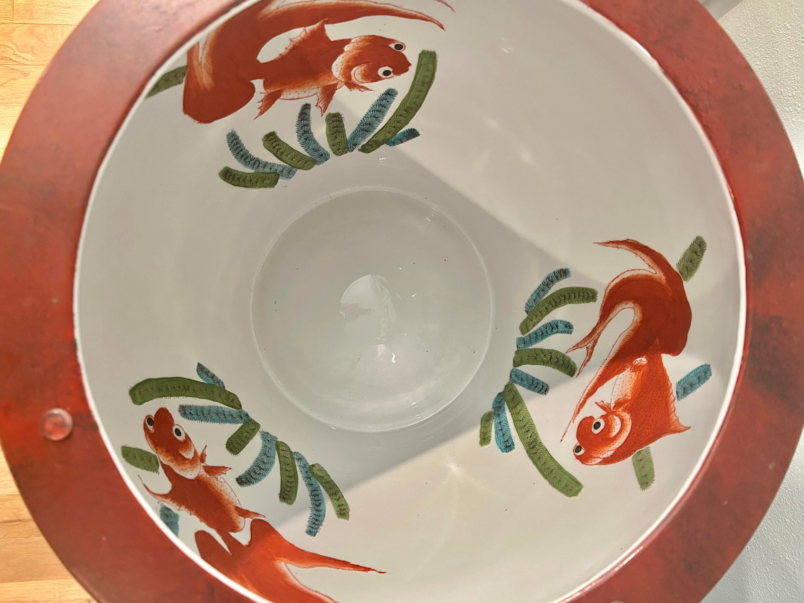 Vintage Chinoiserie Oxblood Fishbowl Planter or Side Table on Stand With Glass Top - 5