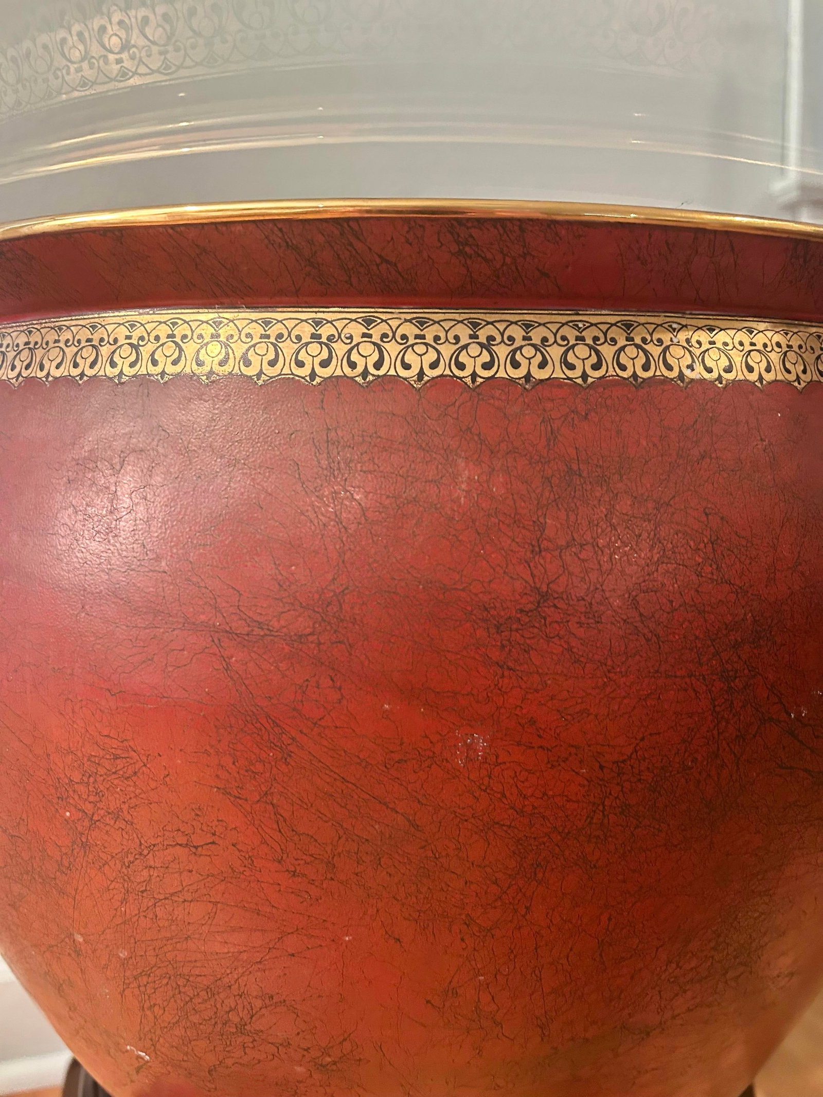 Vintage Chinoiserie Oxblood Fishbowl Planter or Side Table on Stand With Glass Top - 7