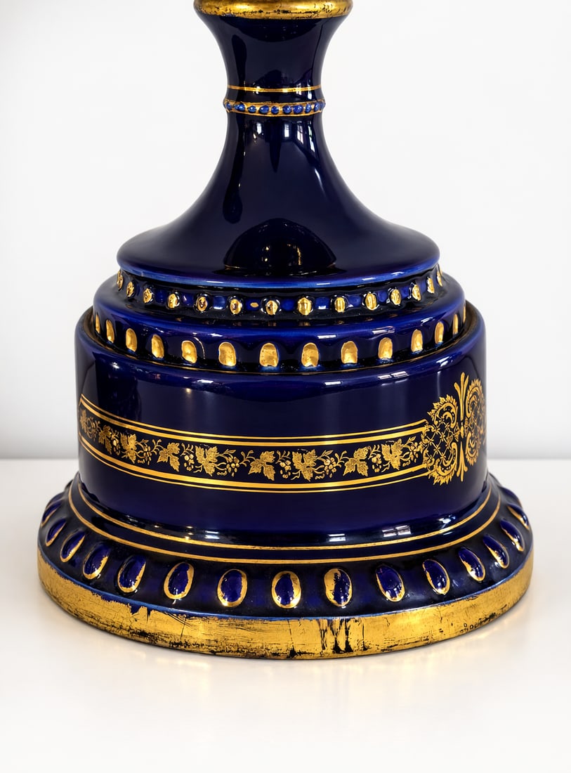 Pair of Antique Vienna Style Cobalt Blue & Gilt Porcelain Pedestal Urns, Circa 1900 - 11