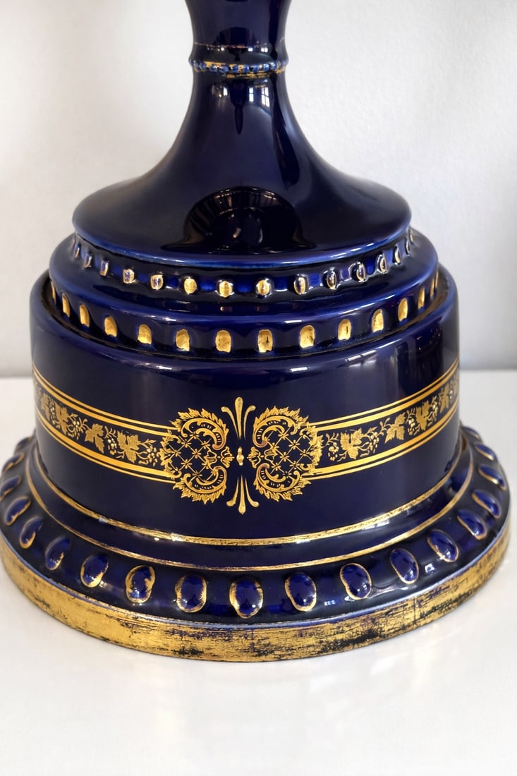 Pair of Antique Vienna Style Cobalt Blue & Gilt Porcelain Pedestal Urns, Circa 1900 - 12