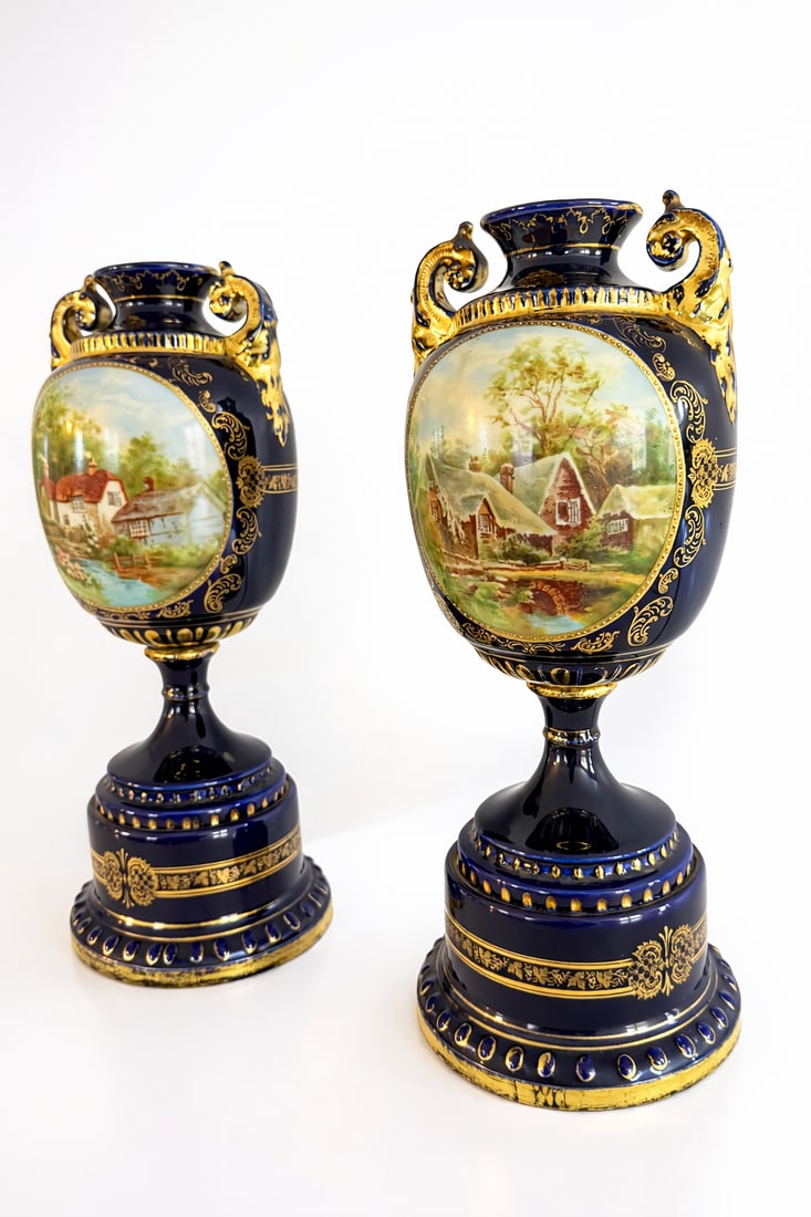 Pair of Antique Vienna Style Cobalt Blue & Gilt Porcelain Pedestal Urns, Circa 1900 - 3